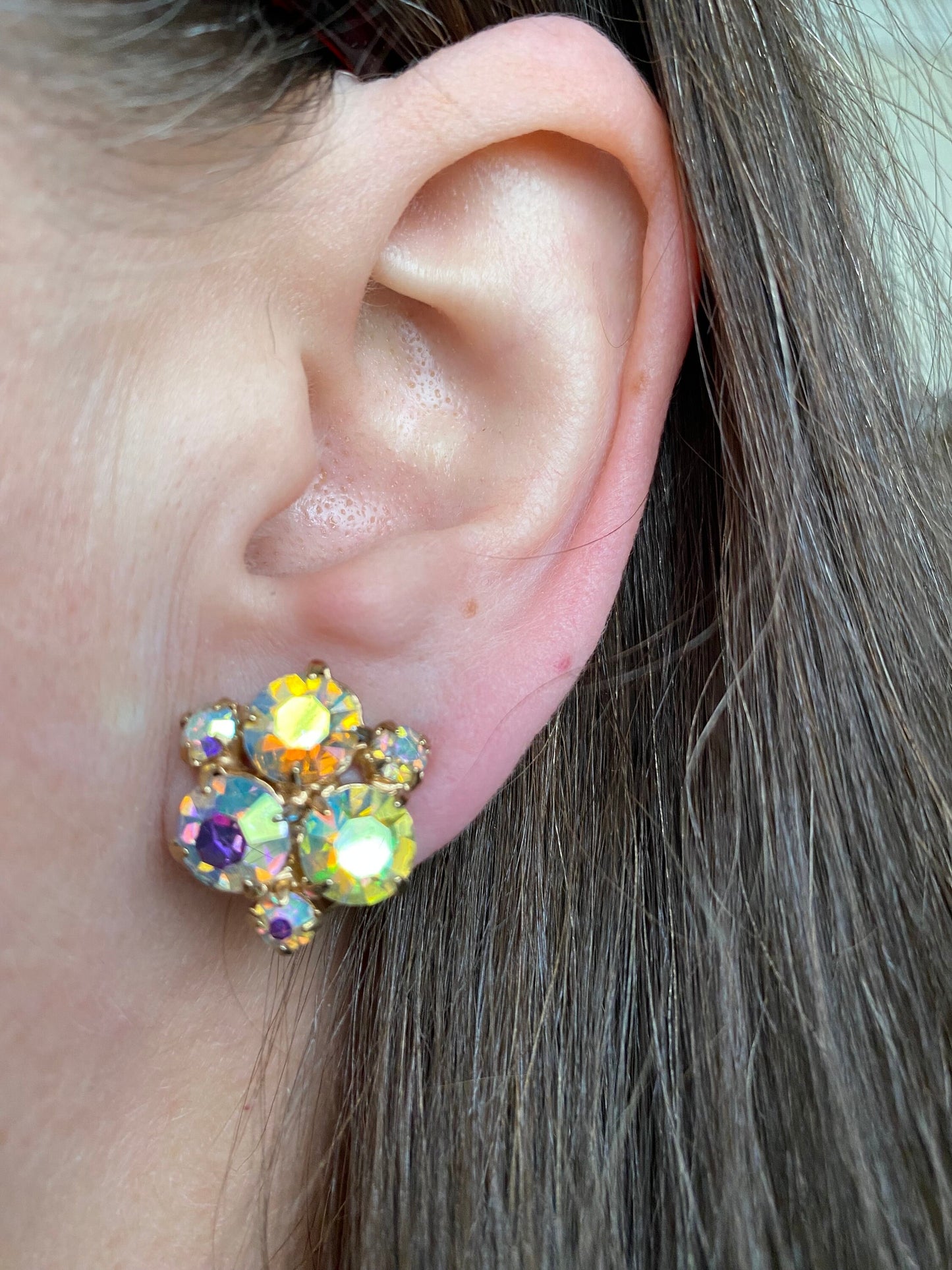 Vintage clip on iridescent rhinestone cluster  earrings,  ab rhinestone earrings