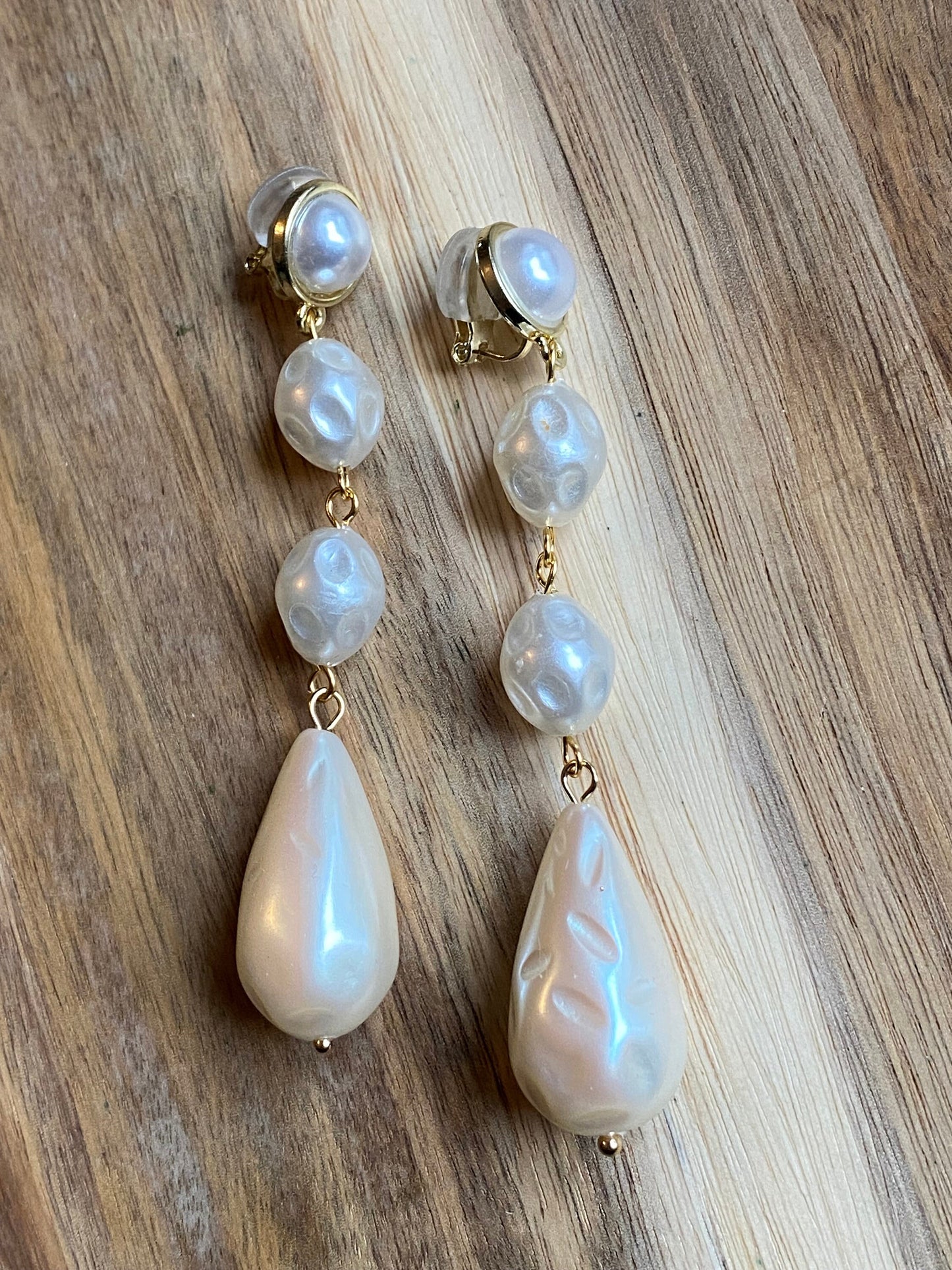 Dangling clip on chunky faux pearl earrings