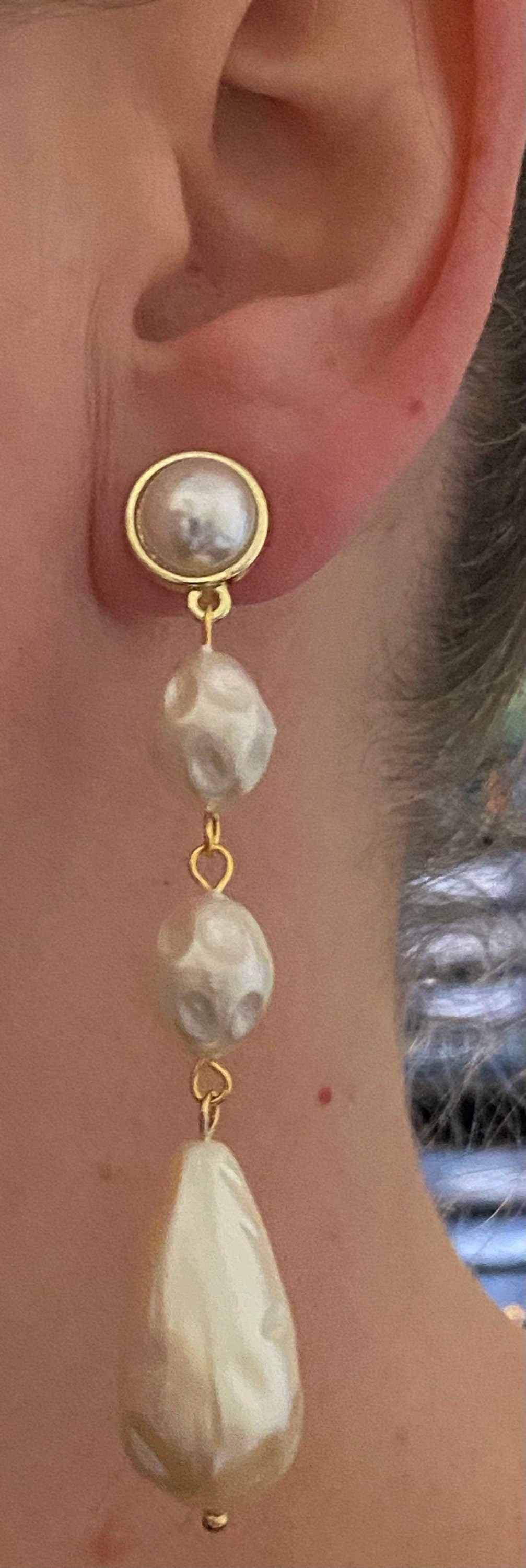 Dangling clip on chunky faux pearl earrings