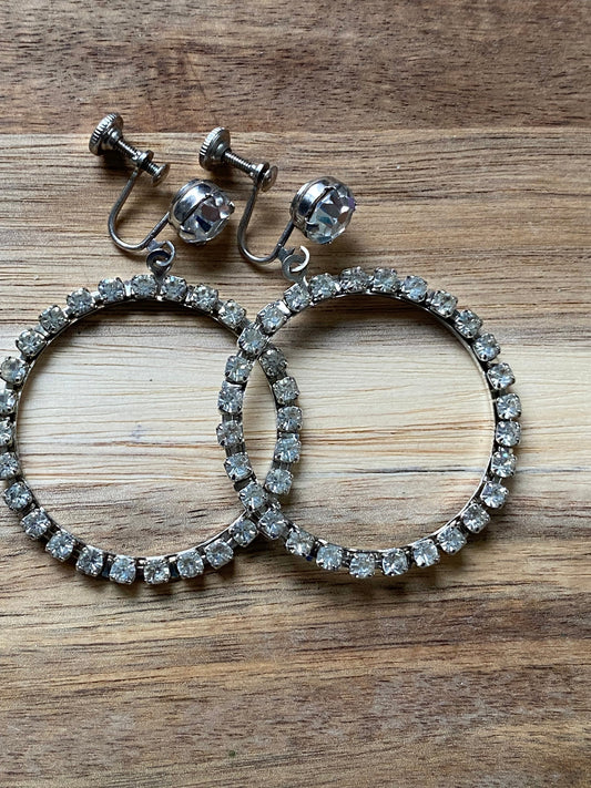 Dangling hoop rhinestone clip on earrings