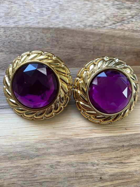 large purple rhinestone clip on earrings