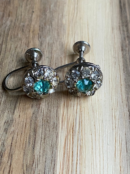 Tiny vintage clip on turquoise rhinestone stud earrings