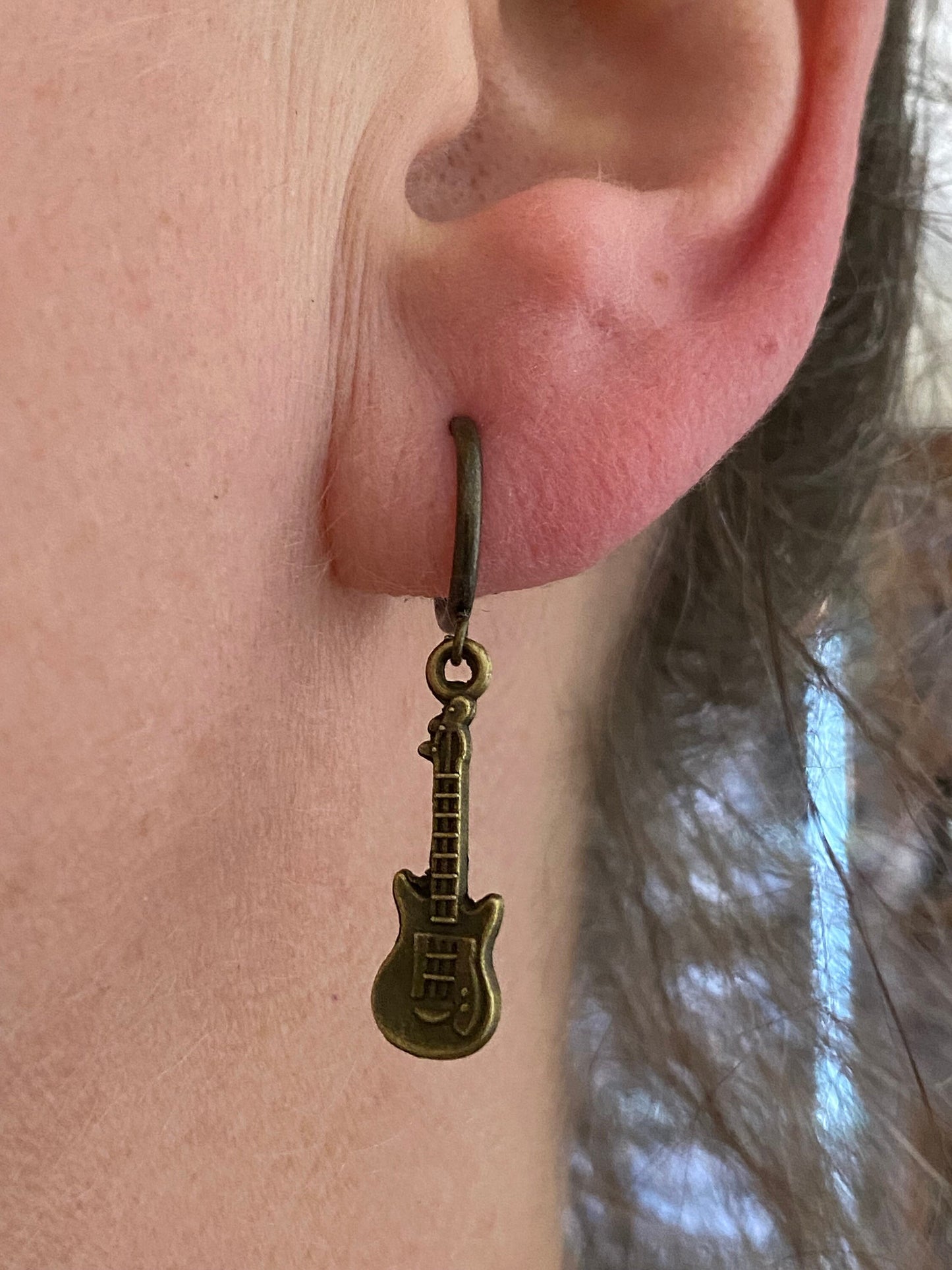 Dangling clip on electric guitar earrings, tiny bronze music instrument clip on earrings