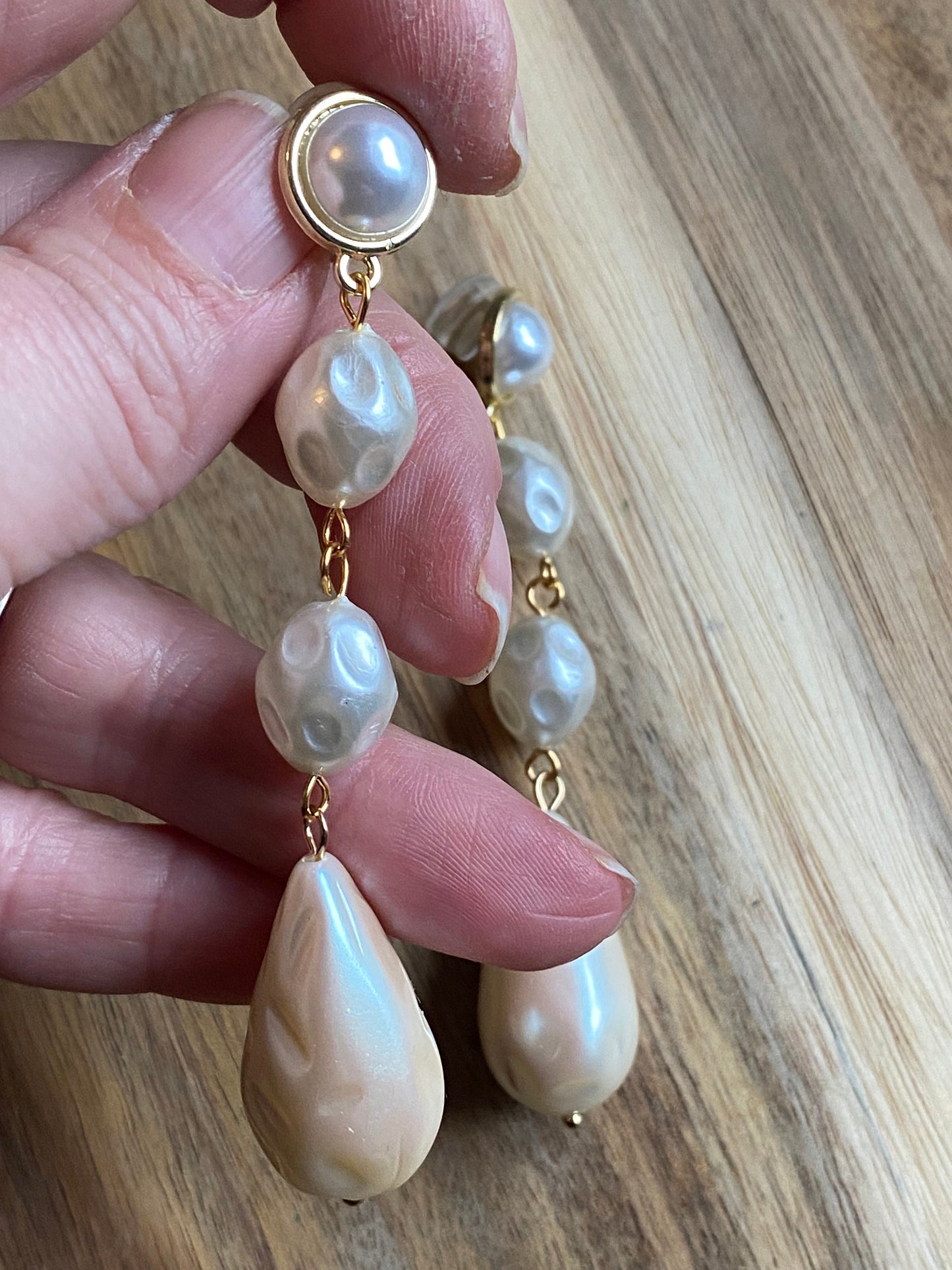 Dangling clip on chunky faux pearl earrings