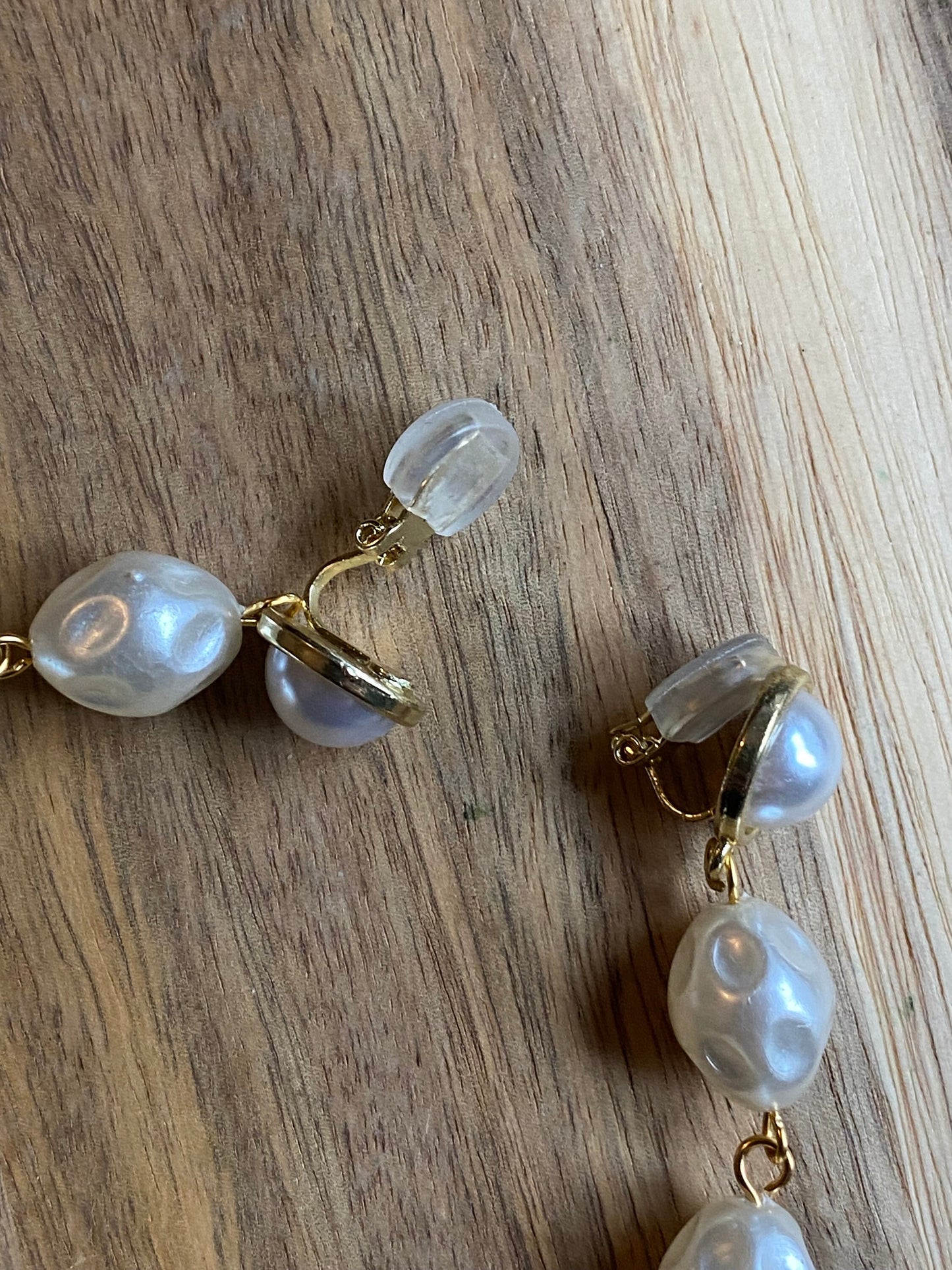 Dangling clip on chunky faux pearl earrings