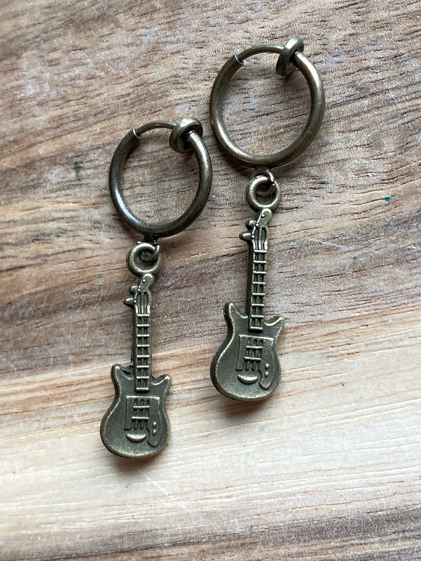 Dangling clip on electric guitar earrings, tiny bronze music instrument clip on earrings