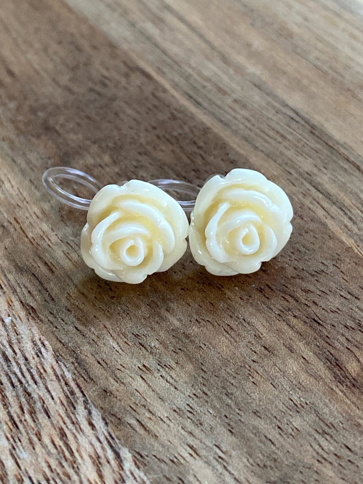 resin rose clip-on earrings, invisible clip flower earrings, no pierce earrings for unpierced ears