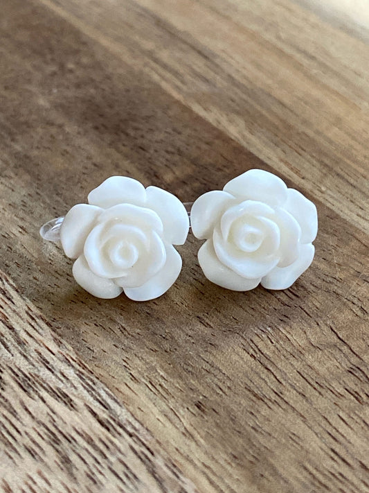 resin rose clip on earrings, invisible clip on earrings