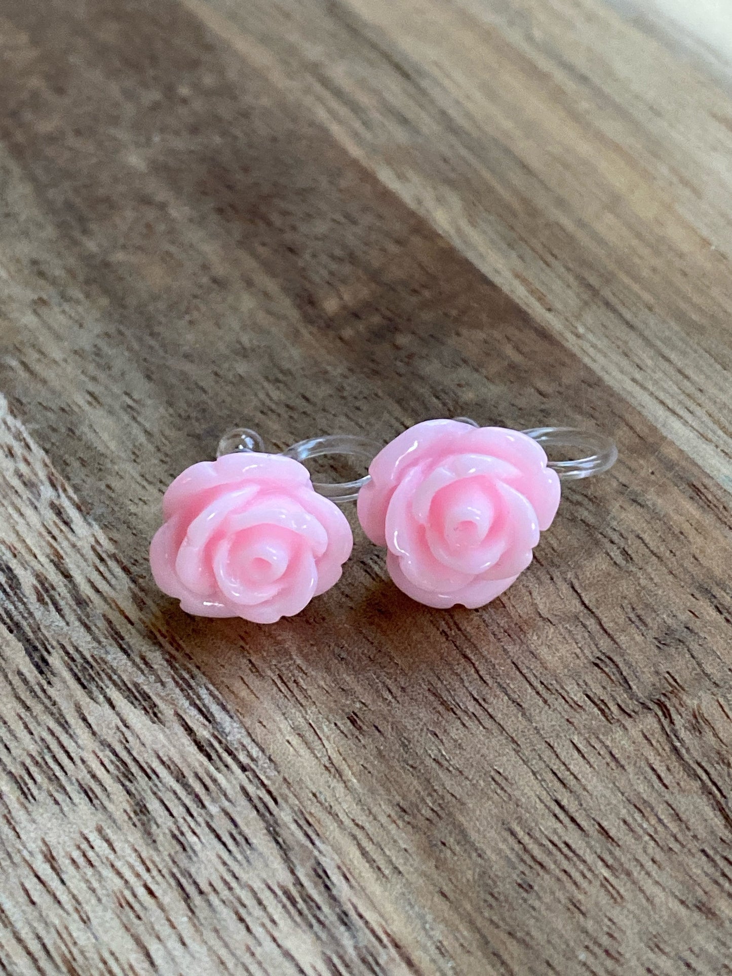 resin rose clip-on earrings, invisible clip flower earrings, no pierce earrings for unpierced ears