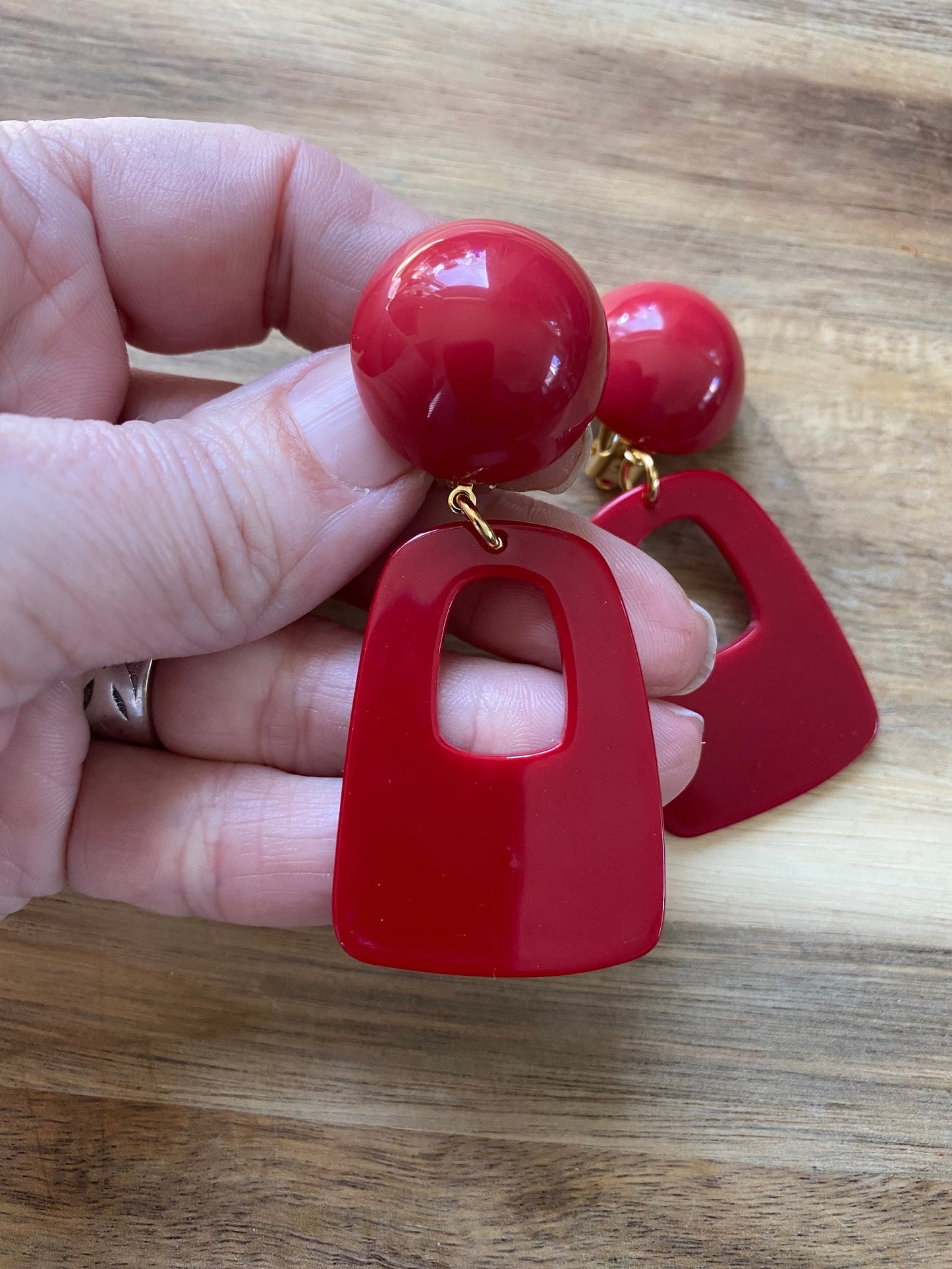 Trendy dangling red, white or olive drop hoop clip on earrings, dangling handmade geometric earrings