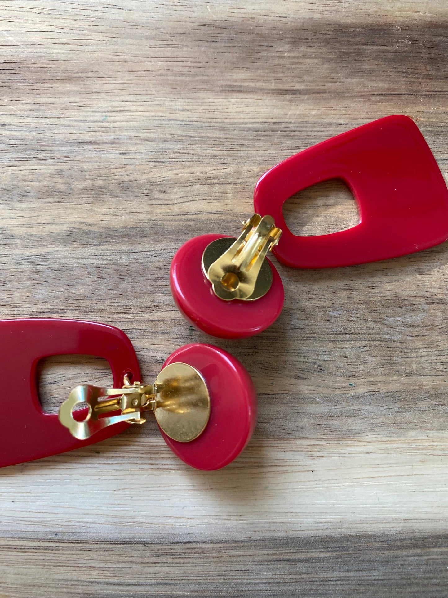 Trendy dangling red, white or olive drop hoop clip on earrings, dangling handmade geometric earrings