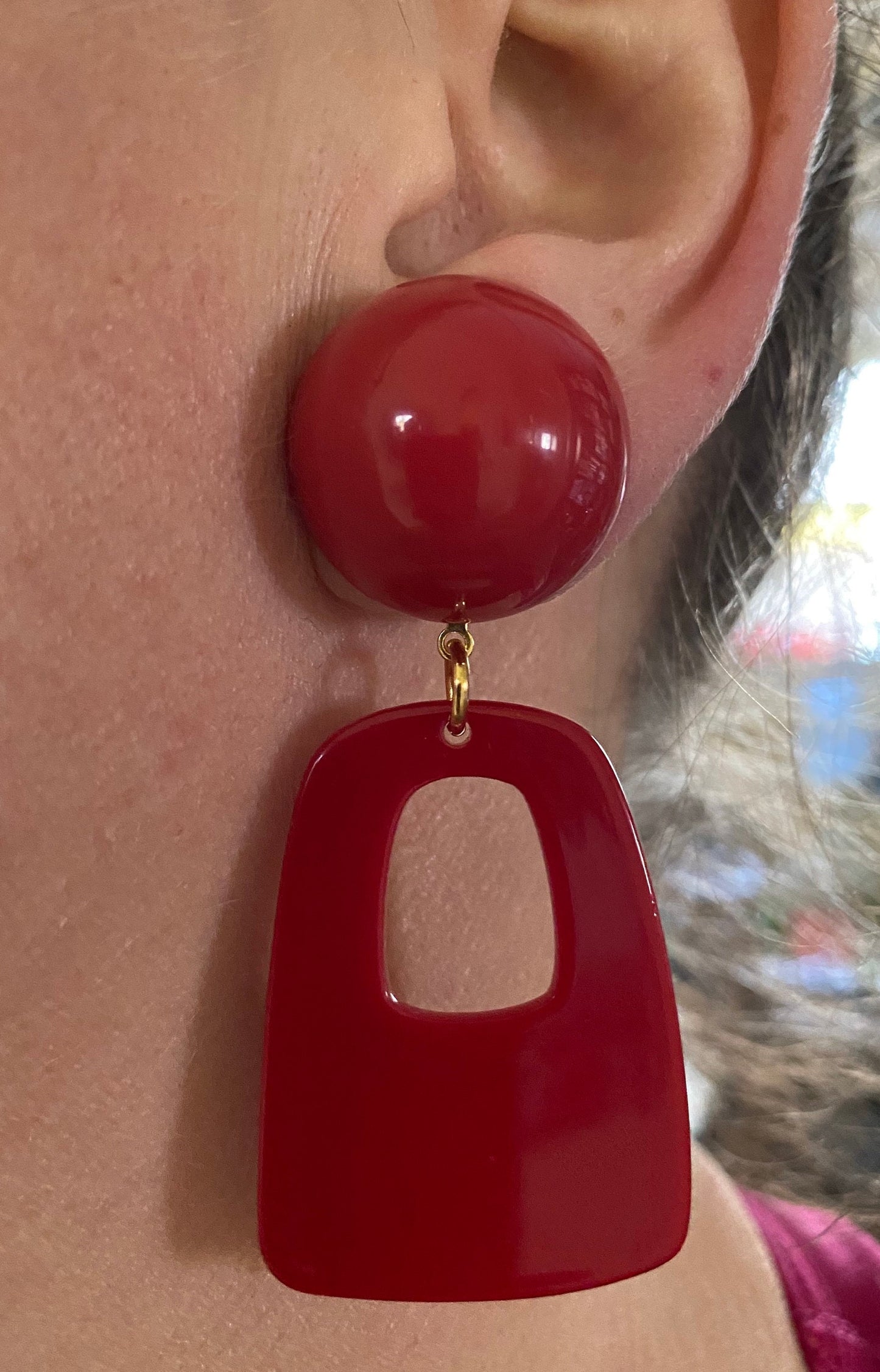 Trendy dangling red, white or olive drop hoop clip on earrings, dangling handmade geometric earrings