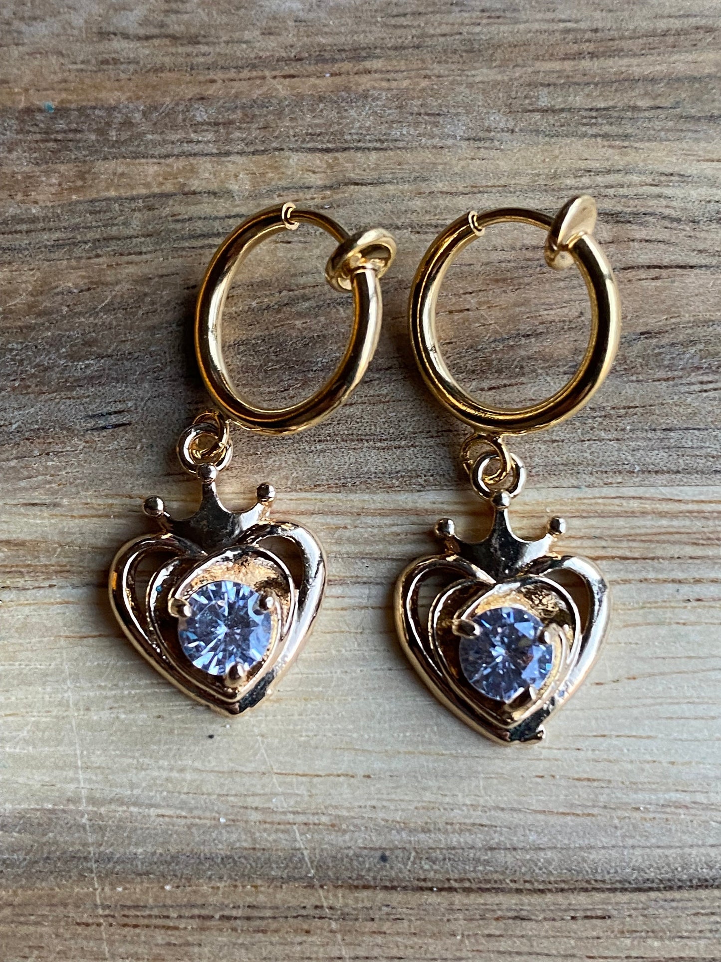 Tiny clip on  heart earrings with rhinestone accents (spring hoop)|, rhinestone heart earrings for unpierced ears