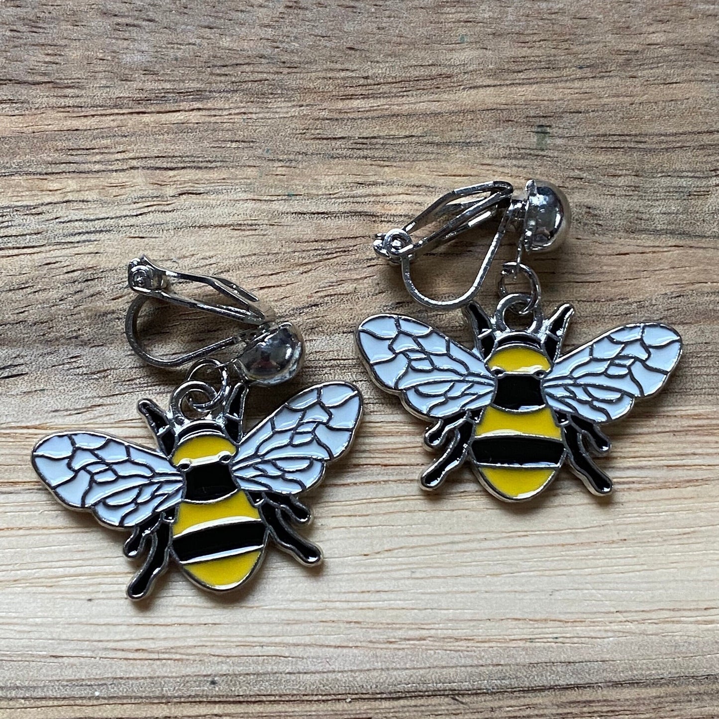 gold or silver enamel bumblebee earrings, clip on earrings