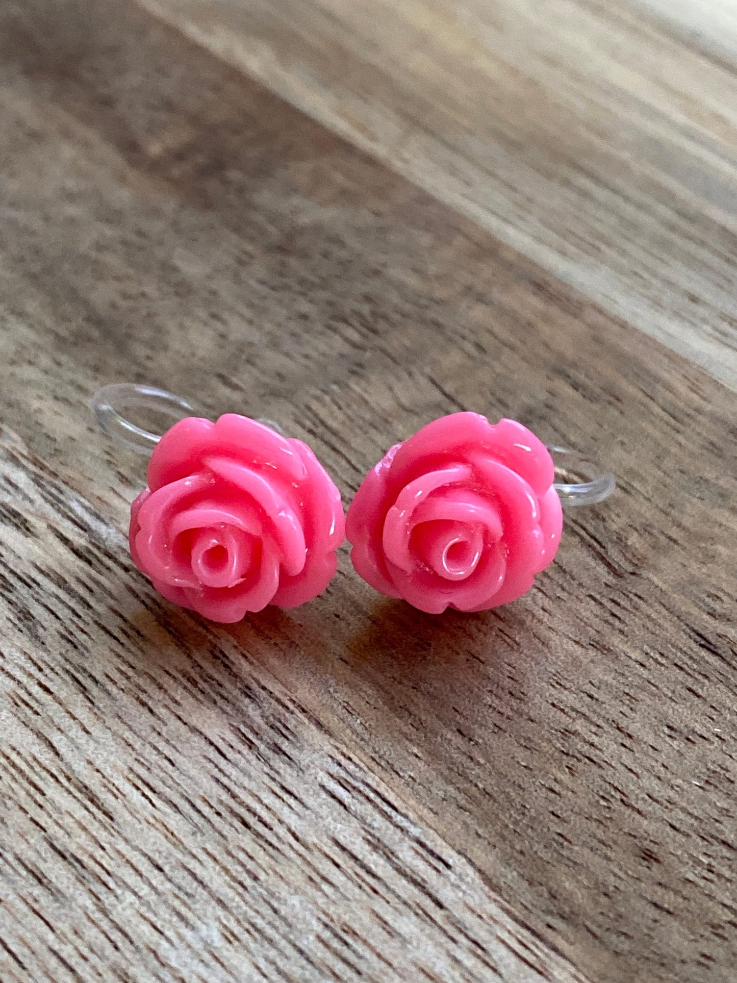 resin rose clip-on earrings, invisible clip flower earrings, no pierce earrings for unpierced ears