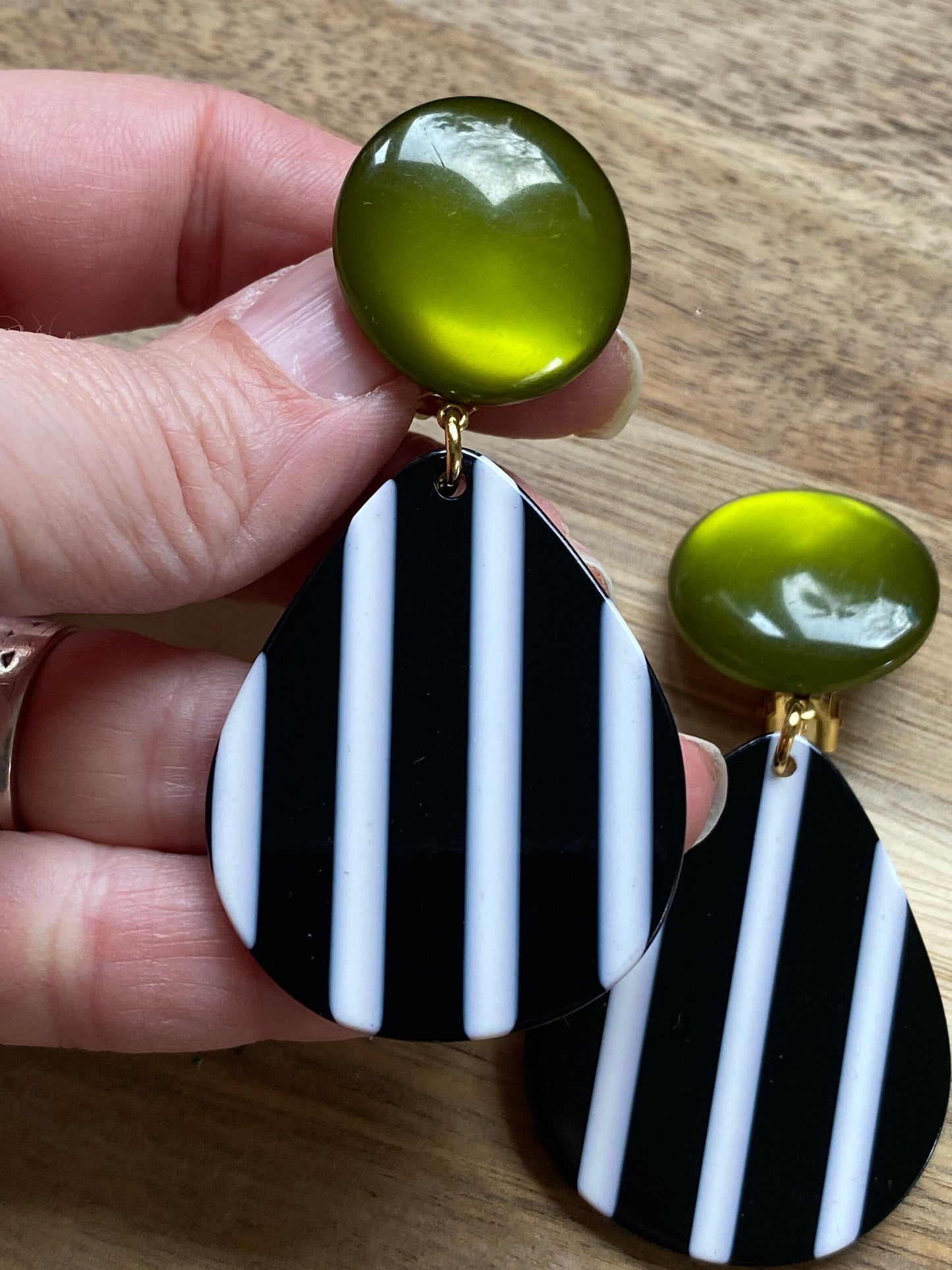 Oversized clip on green, black and white  earrings