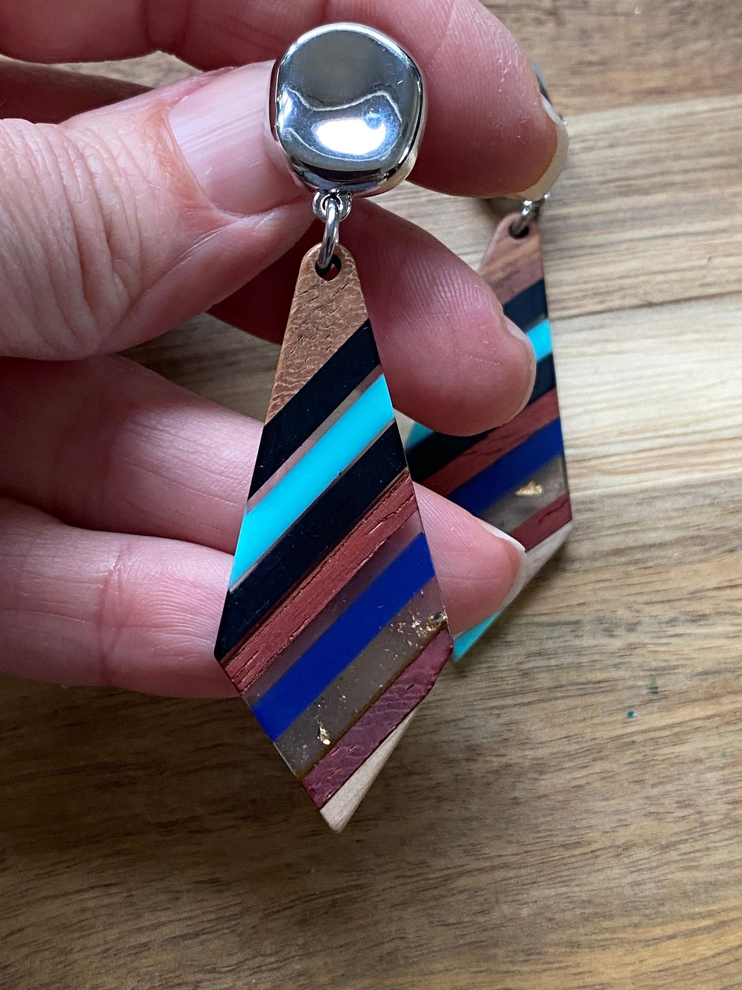 Dangling clip on modern striped wood and resin earrings, large wood and resin diamonds