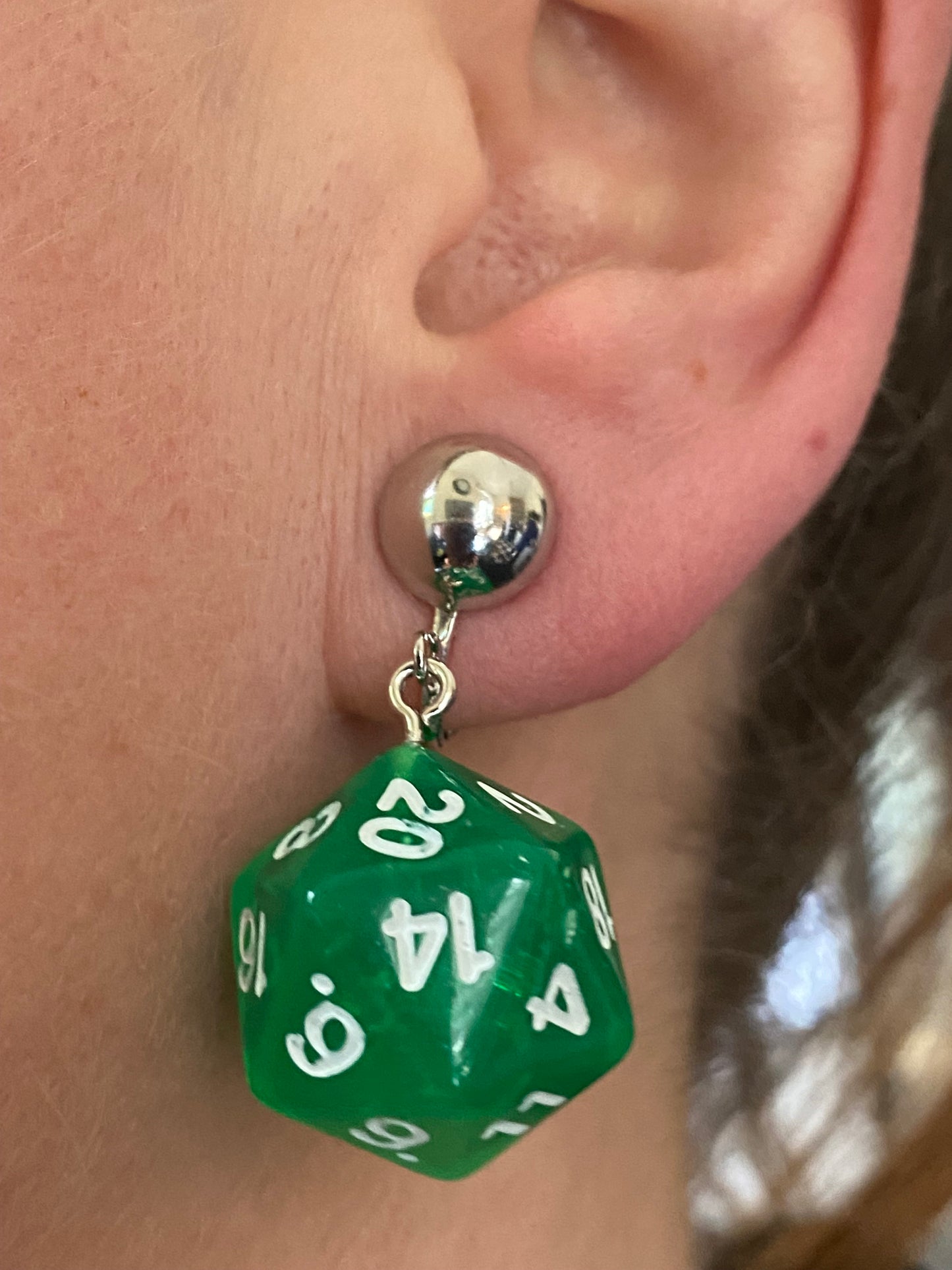 Dangling clip on colourful plastic dice earrings, rpg dice earrings