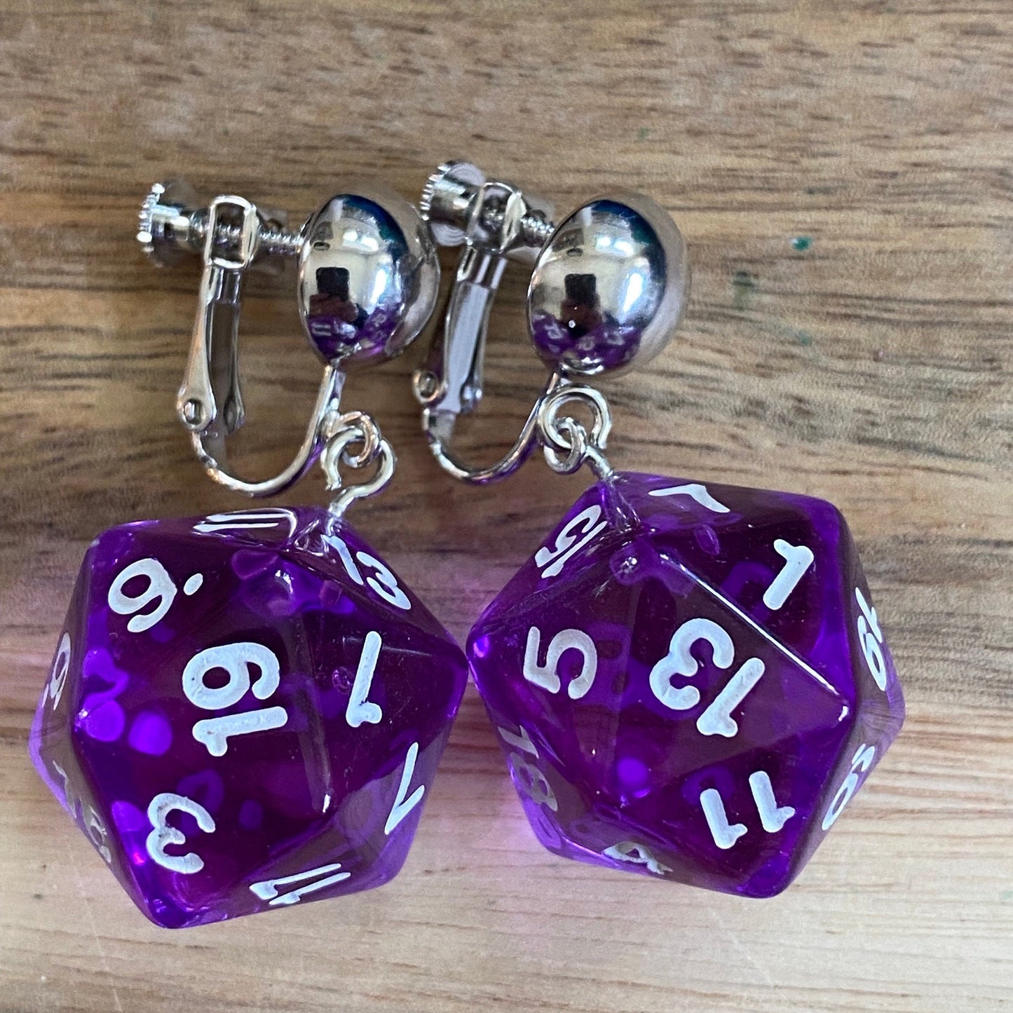 Dangling clip on colourful plastic dice earrings, rpg dice earrings