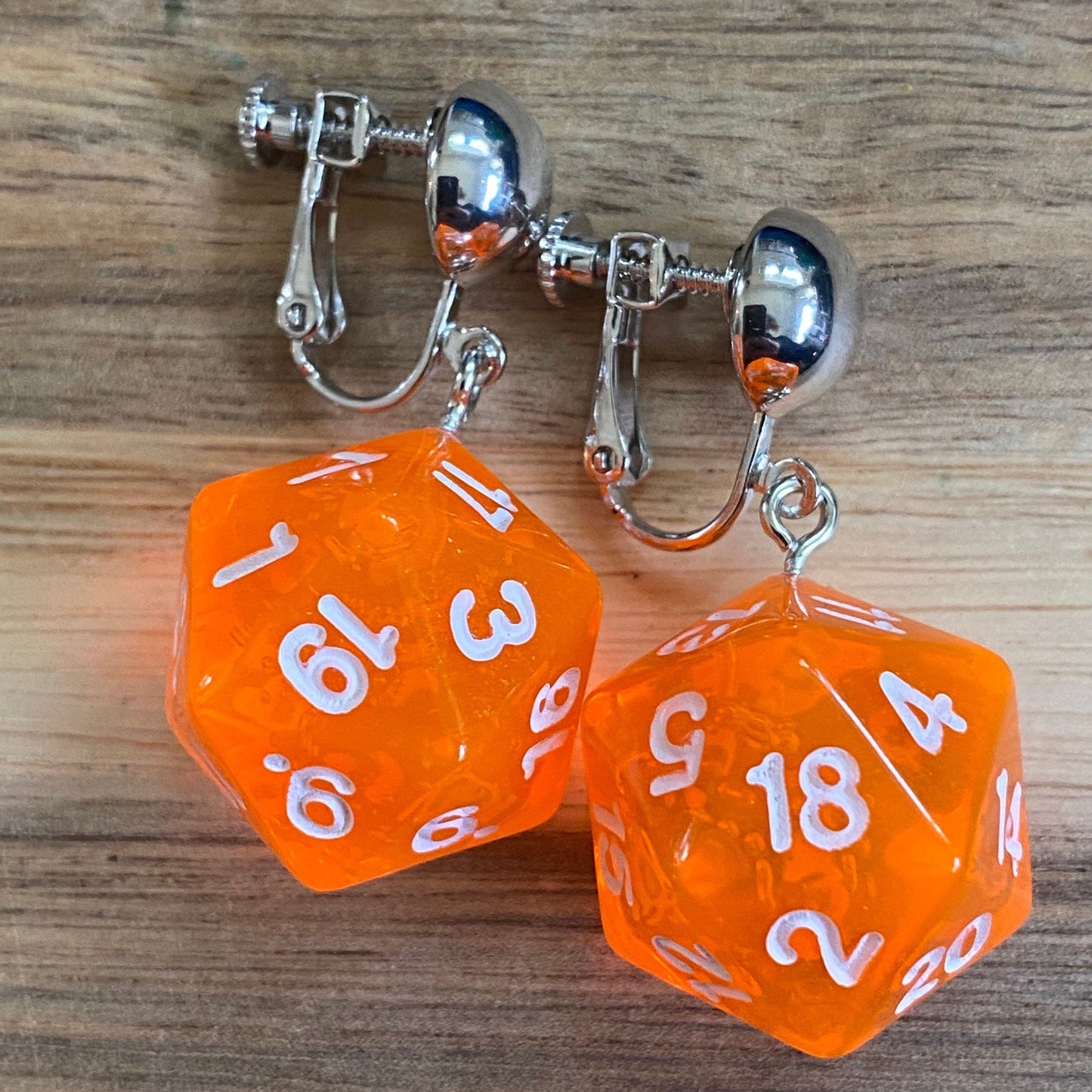 Dangling clip on colourful plastic dice earrings, rpg dice earrings