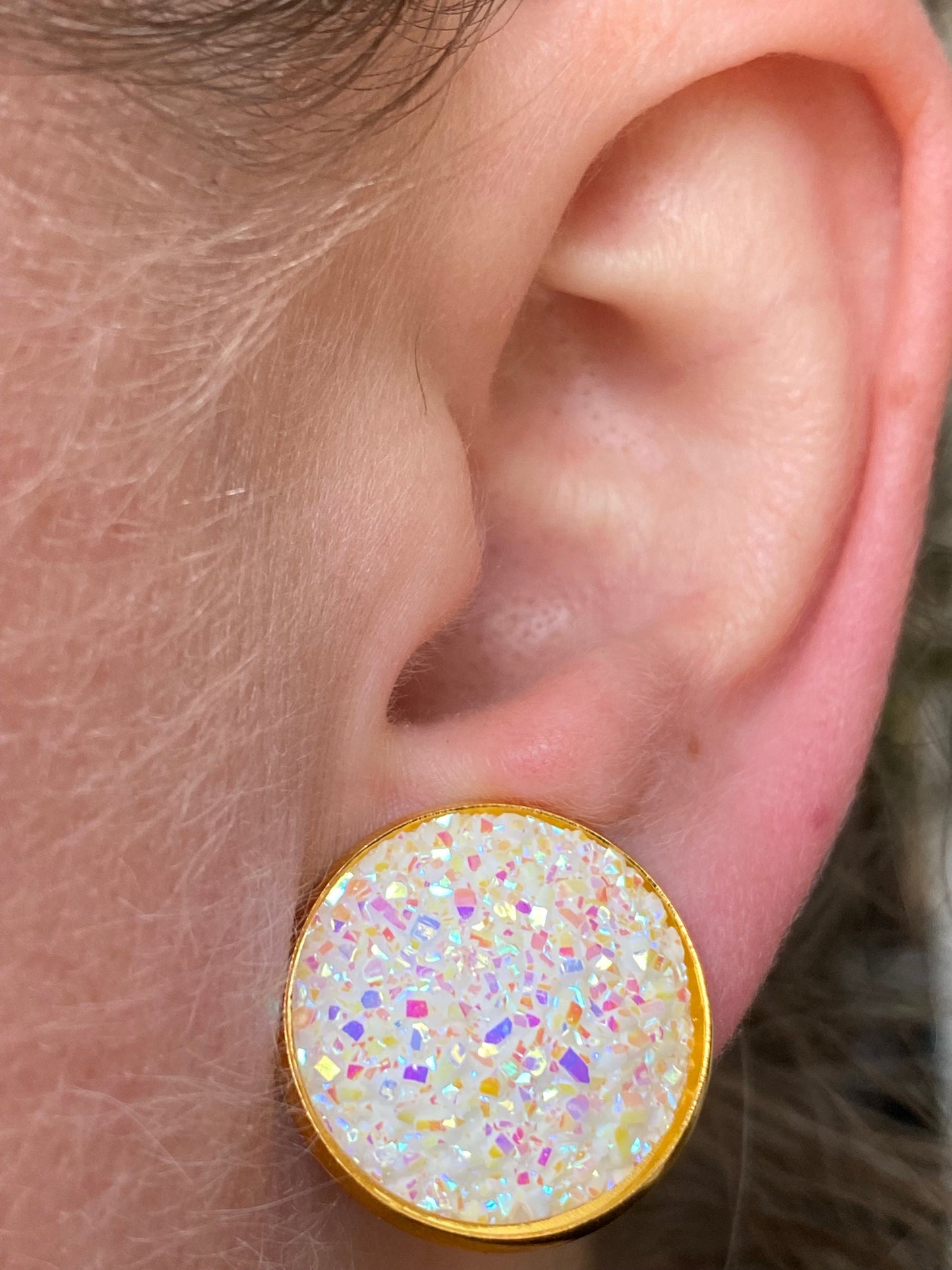 Sparkling clip on faux druxy earrings, 20mm black or white druzy earrings for unpierced ears