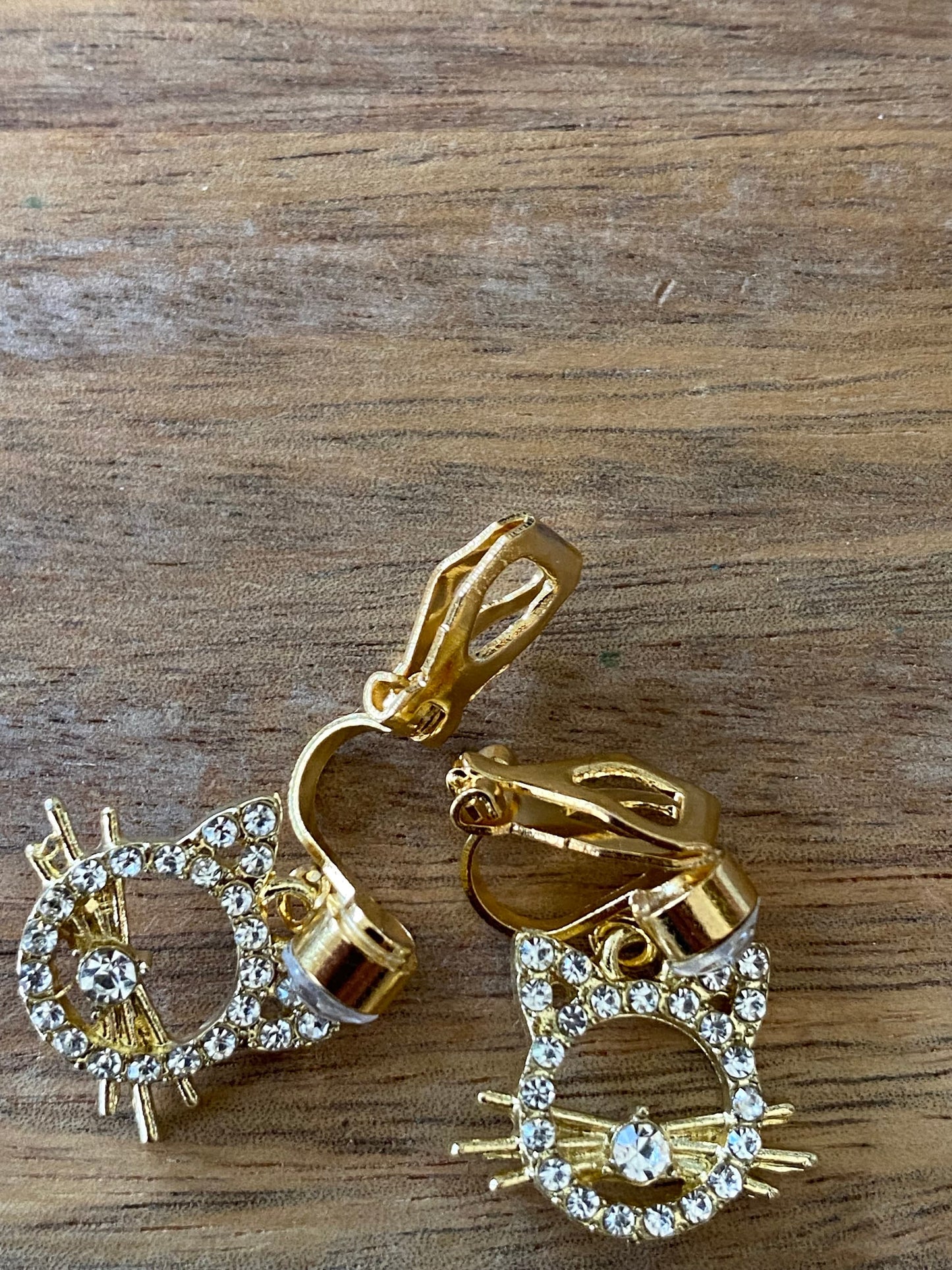 Dangling clip on rhinestone kitten  earrings