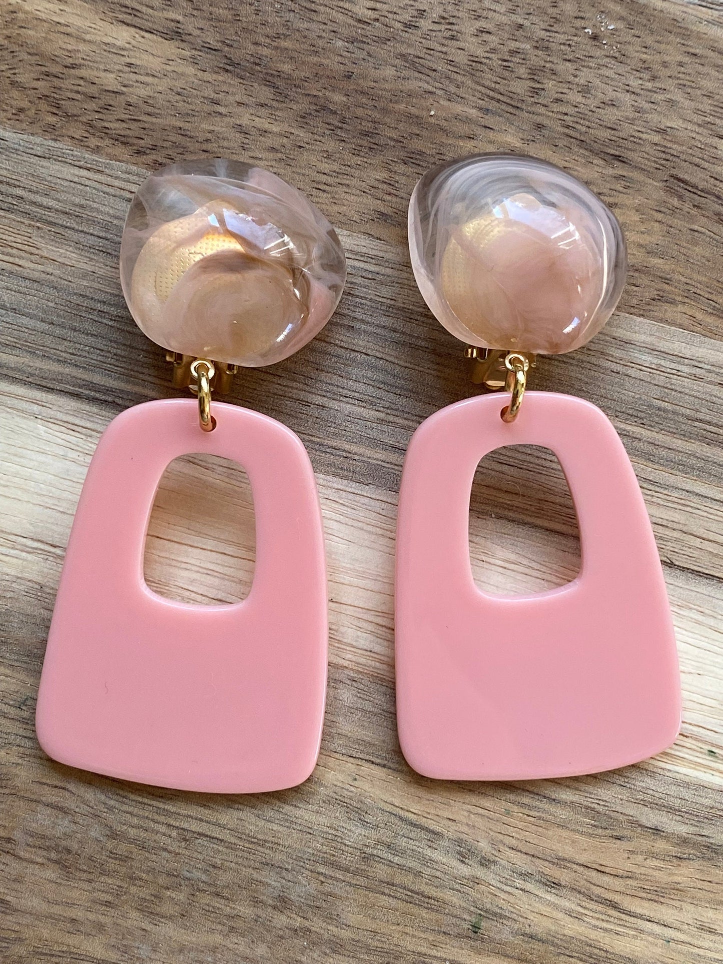 dangling clip on geometric peach hoop earrings