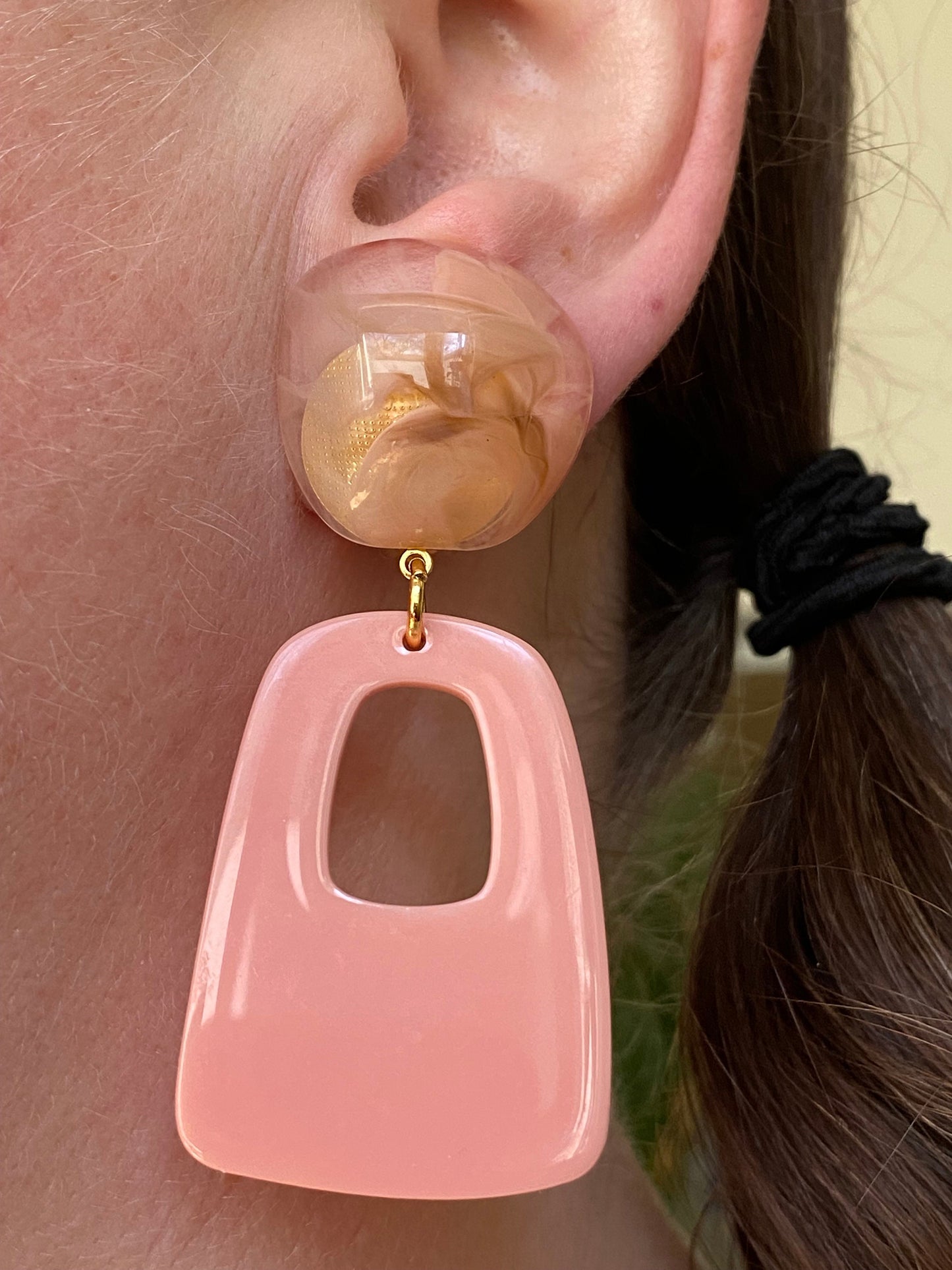 Trendy clip on dangling peach drop hoop earrings, dangling handmade geometric earrings