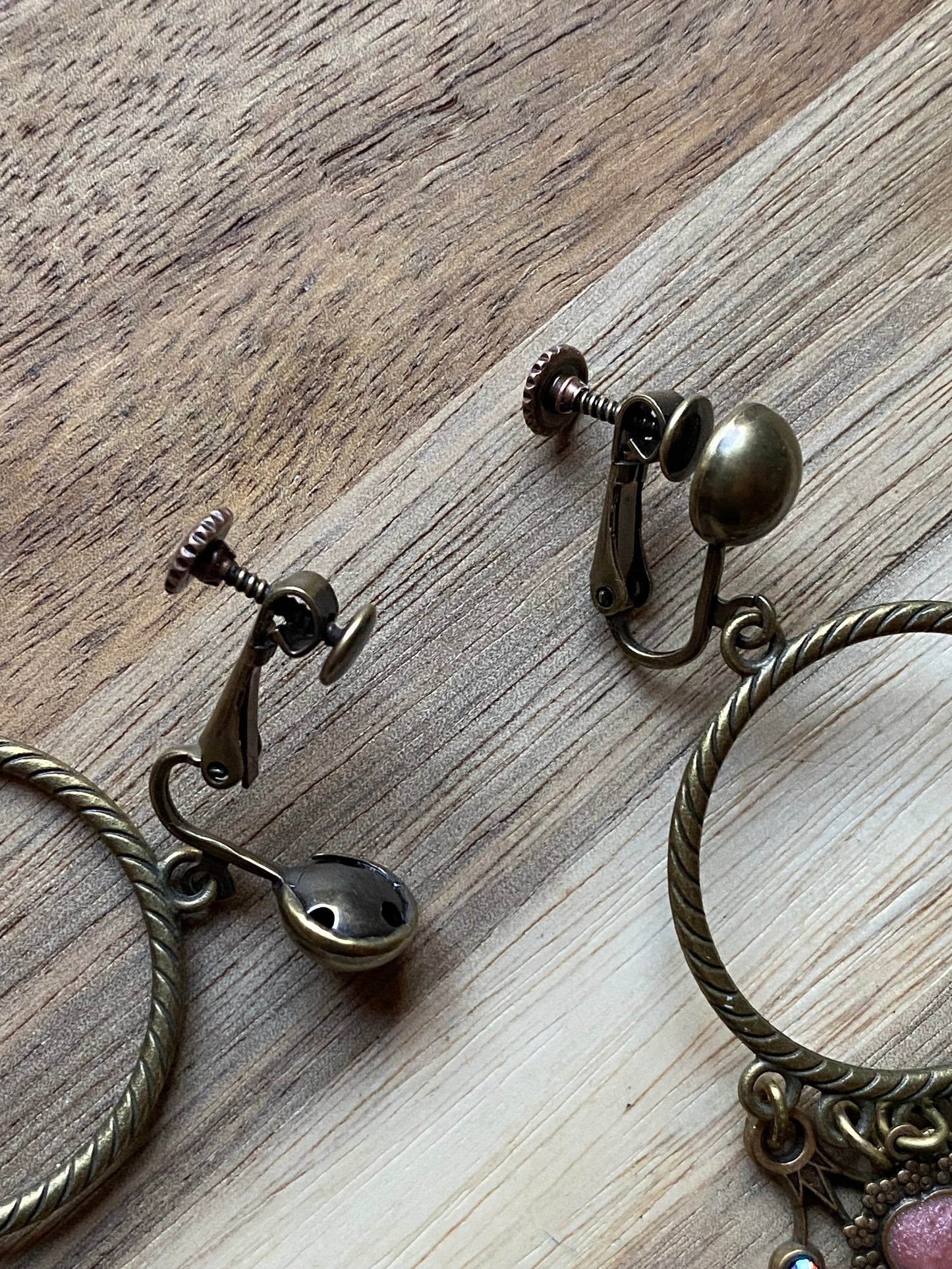 Dangling clip on bronze hoop earrings with embellished fringe, hinged screwback earrings, one of a kind earrings