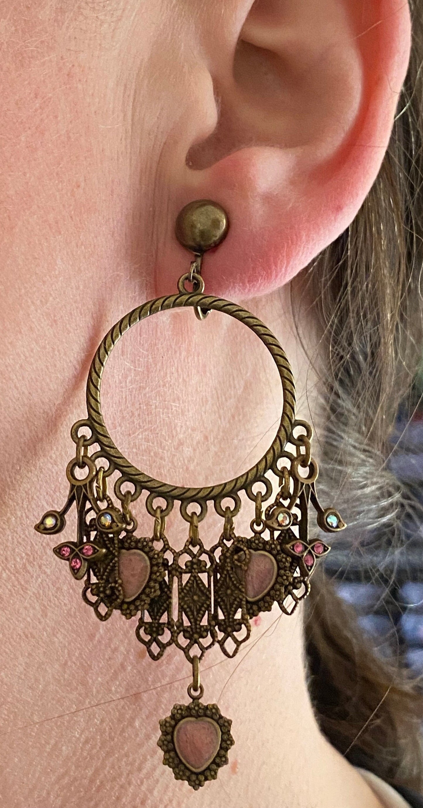 Dangling clip on bronze hoop earrings with embellished fringe, hinged screwback earrings, one of a kind earrings