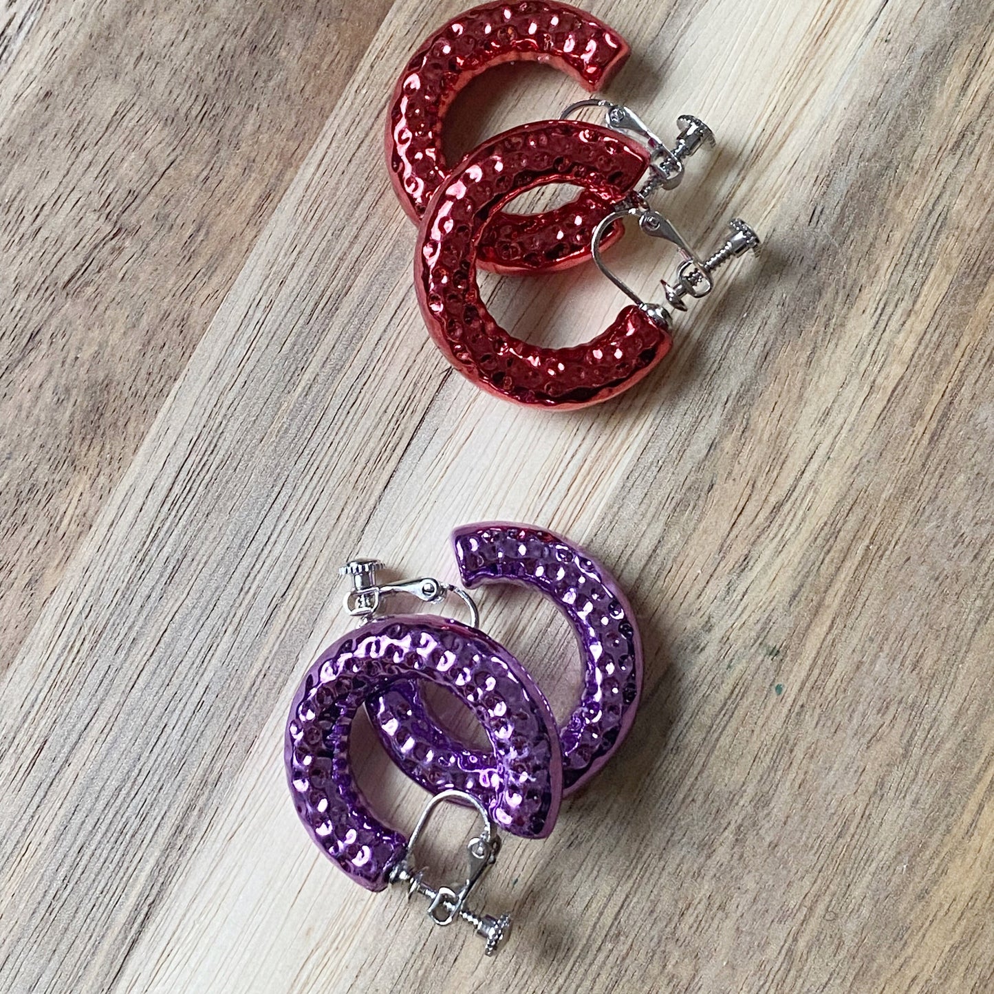 Metallic  clip on hoop earrings, colourful screwback hoop earrings