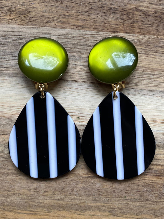 Oversized clip on green, black and white  earrings