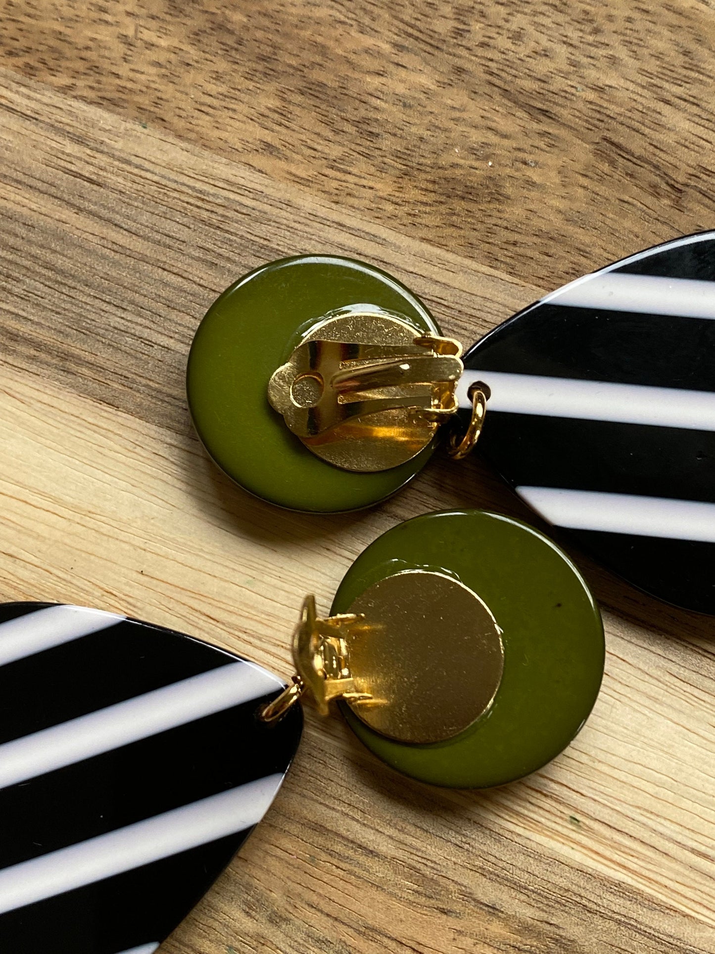 Oversized clip on green, black and white  earrings