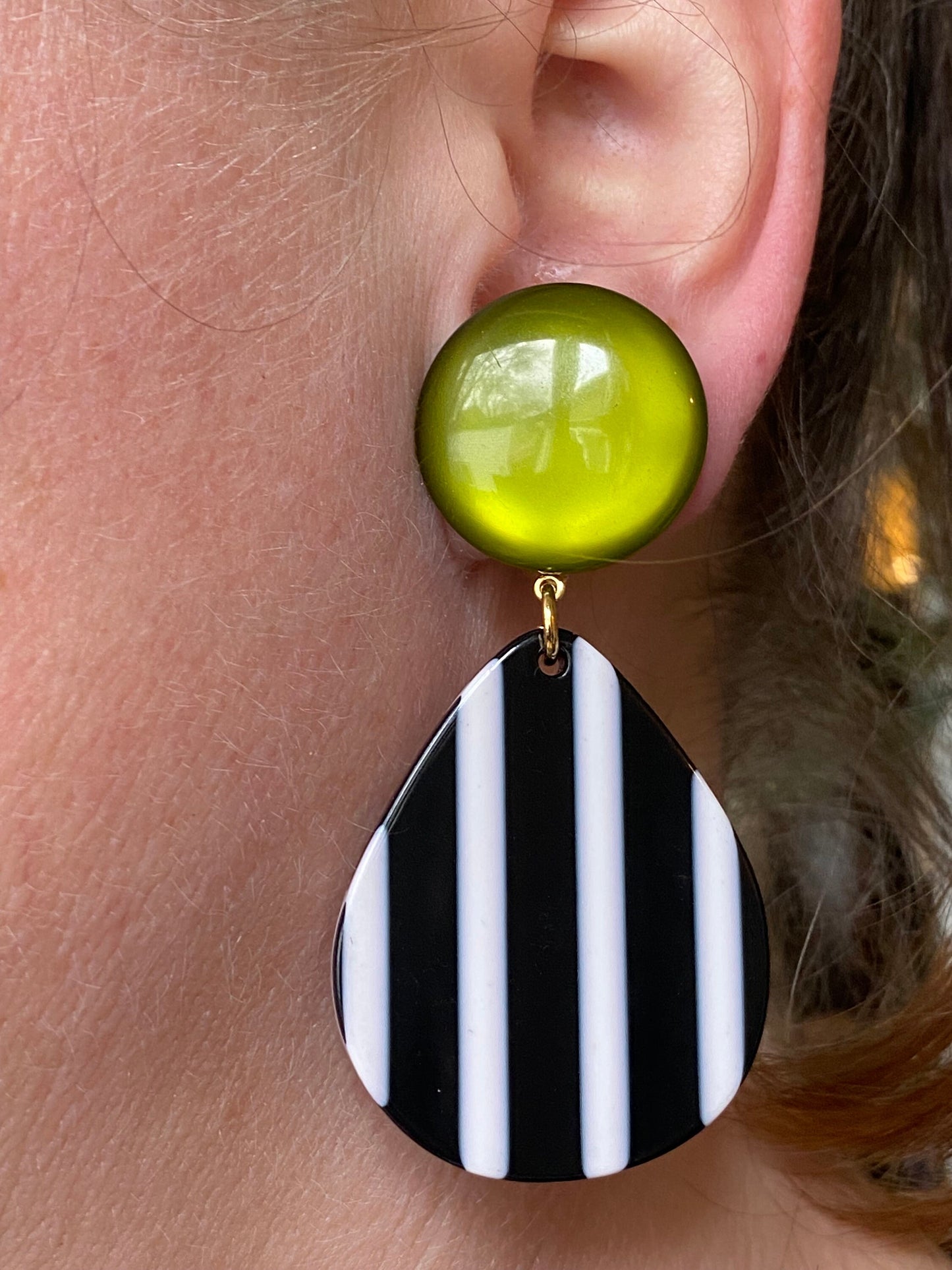 Oversized clip on green, black and white  earrings