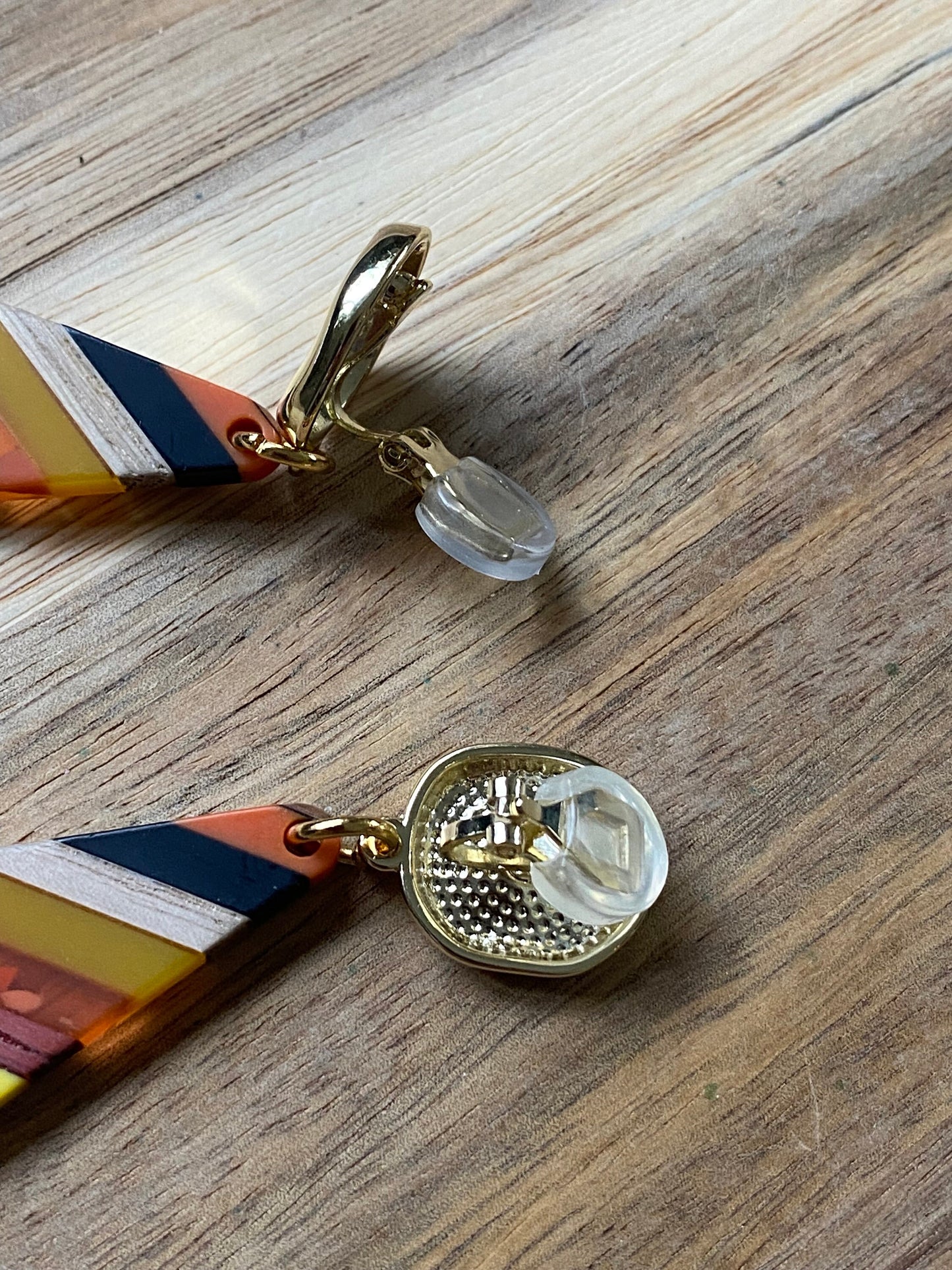 Dangling clip on modern striped wood and resin earrings, large wood and resin diamonds