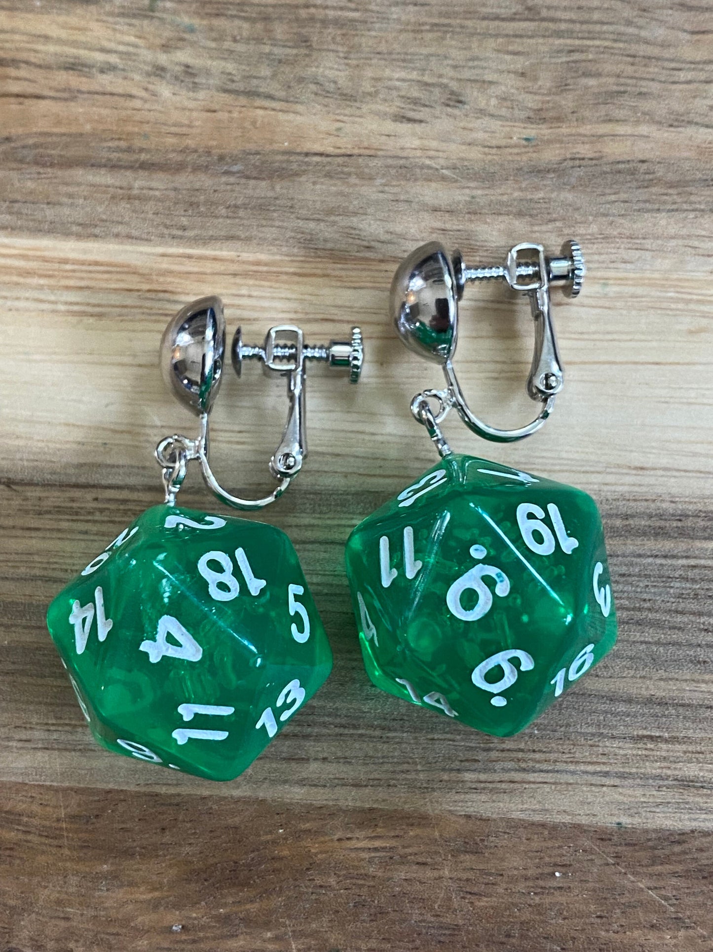 Dangling clip on colourful plastic dice earrings, rpg dice earrings