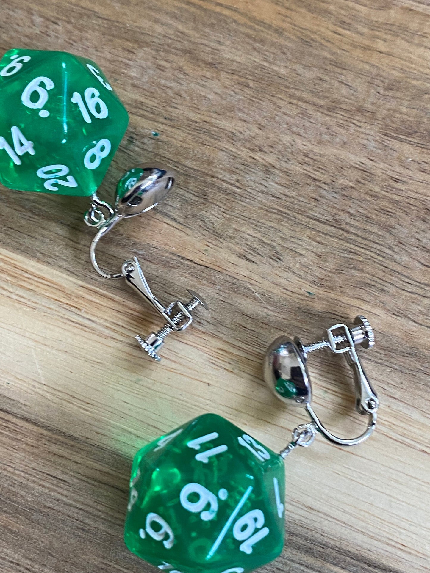 Dangling clip on colourful plastic dice earrings, rpg dice earrings