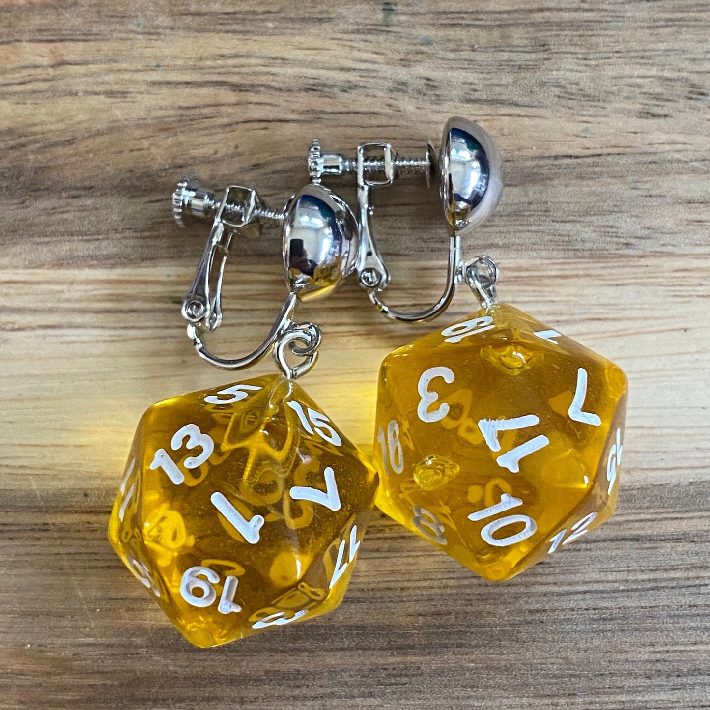 Dangling clip on colourful plastic dice earrings, rpg dice earrings