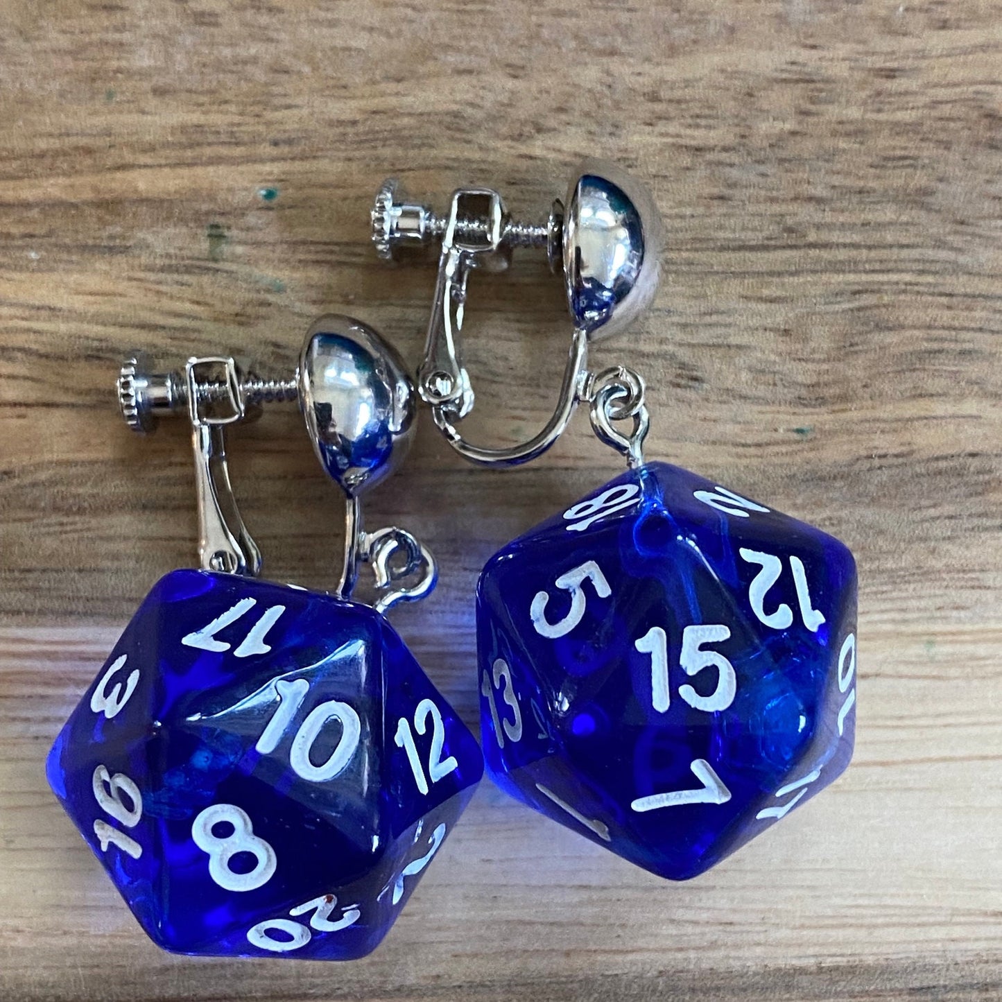 Dangling clip on colourful plastic dice earrings, rpg dice earrings