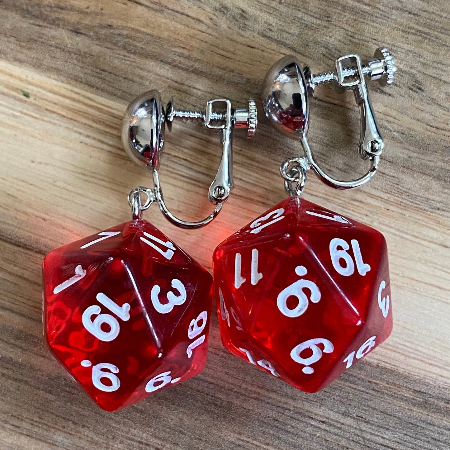 Dangling clip on colourful plastic dice earrings, rpg dice earrings