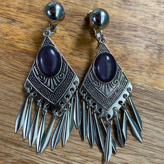 Dangling fringed silver and purple cabochon clip on earring, diamond shaped earrings, hinged screwback earrings