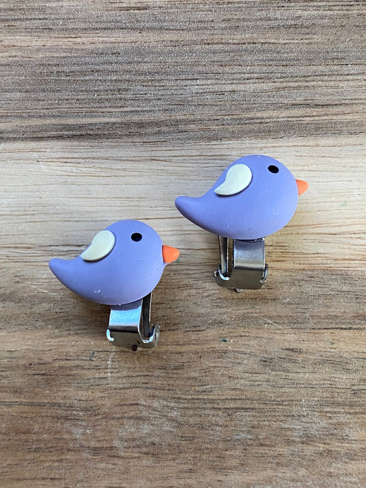 Clip on bird earrings, small purple bird ear clips