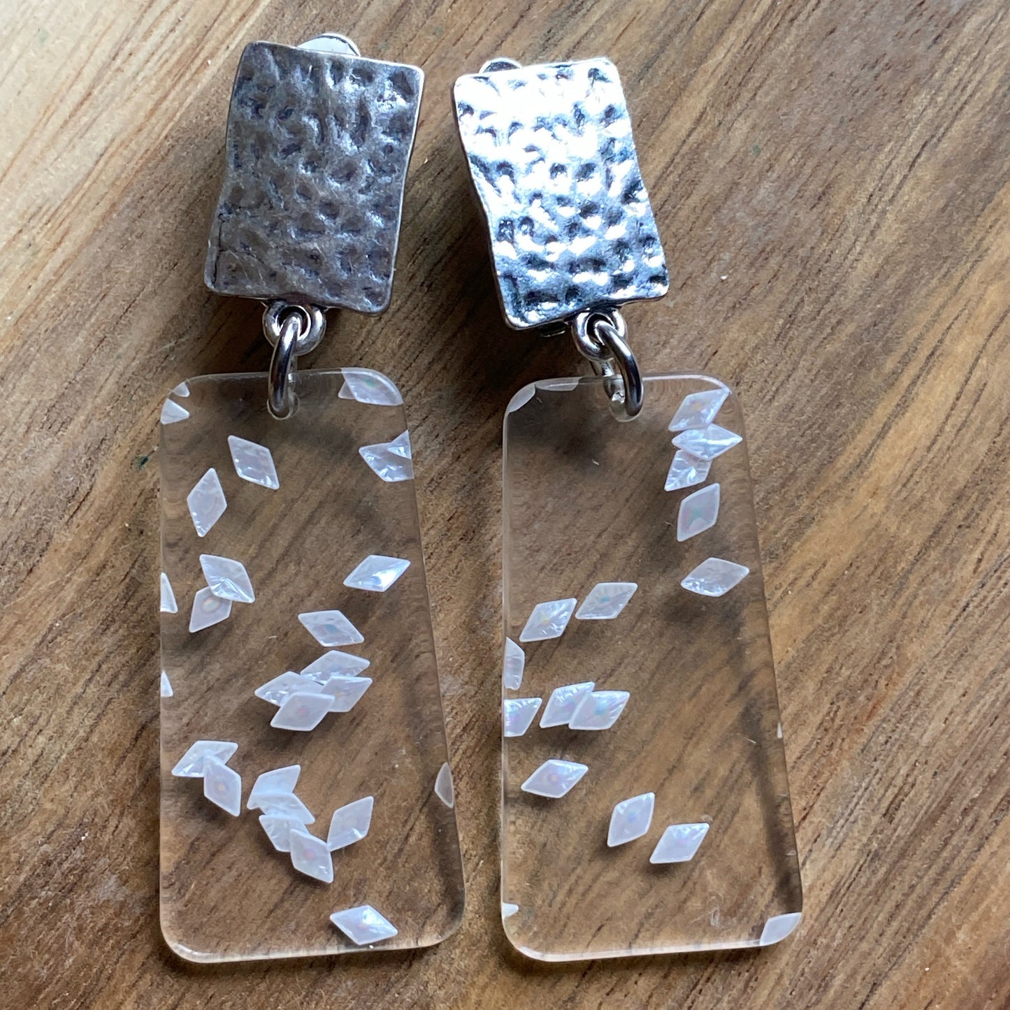 Gorgeous sparkle flake translucent trapezoid  dangling clip on earrings