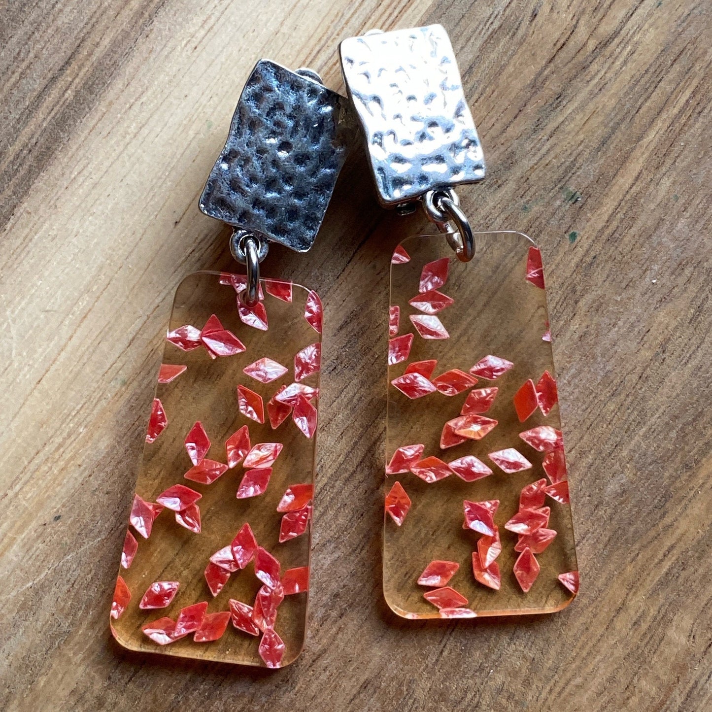 Gorgeous sparkle flake translucent trapezoid  dangling clip on earrings