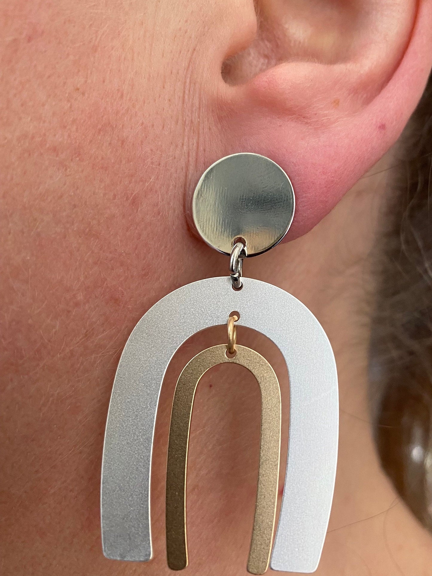 Dangling clip on silver and gold arch earrings, modern clip on earrings