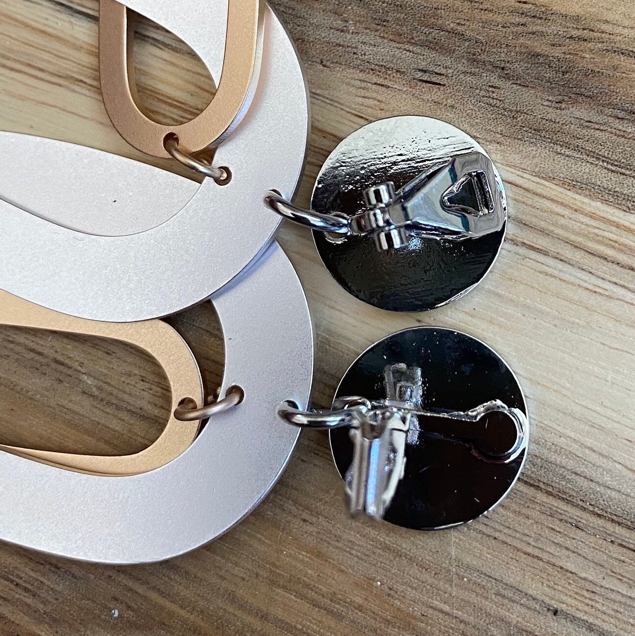 Dangling clip on silver and gold arch earrings, modern clip on earrings