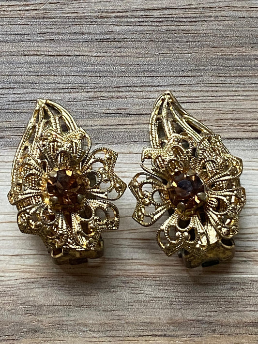 Brown floral filigree rhinestone clip on earrings