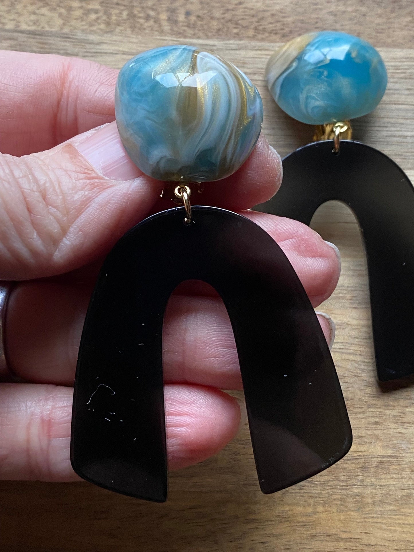 Large clip on acrylic arch earrings, modern blue and black ear clips