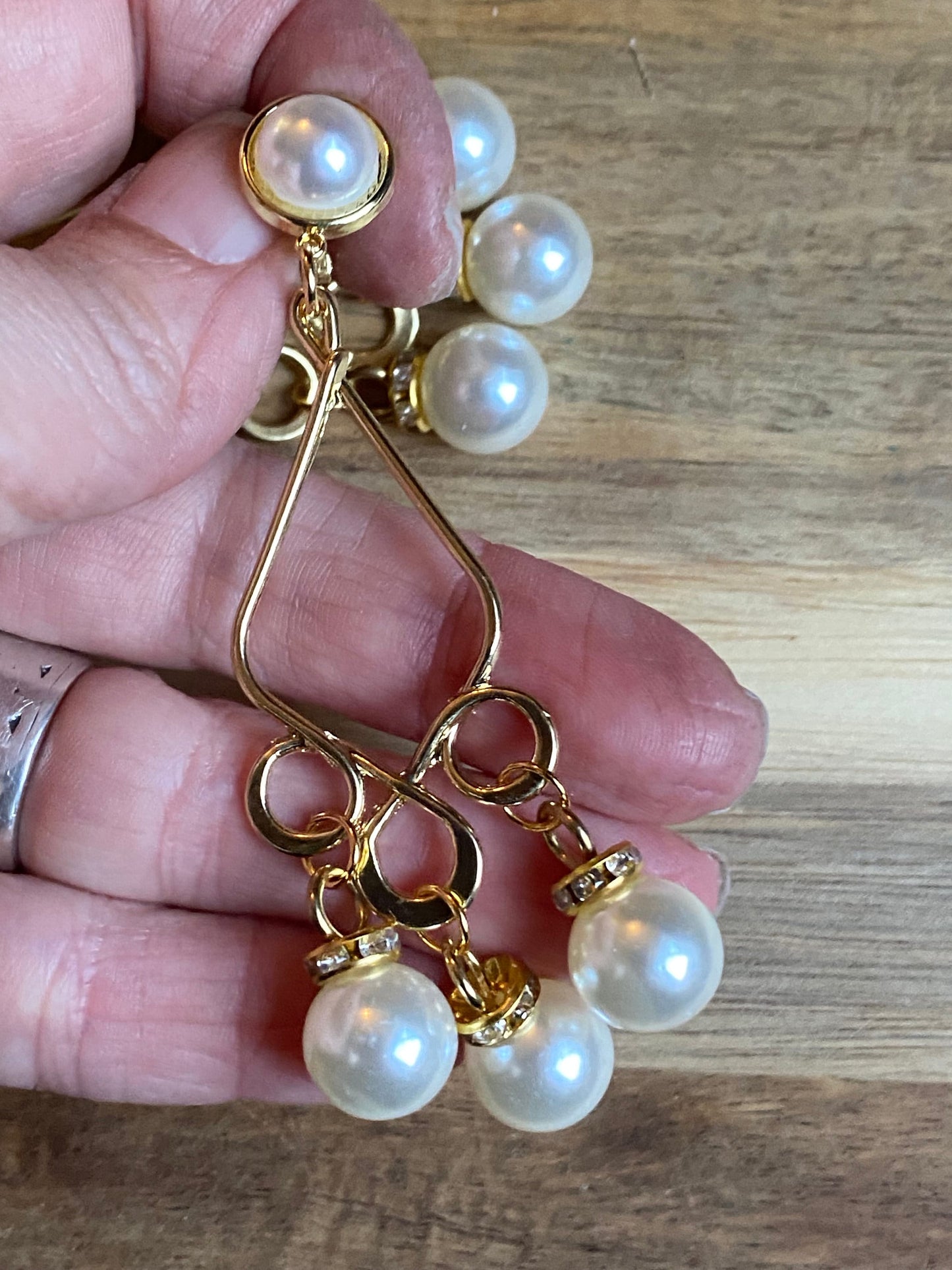 Dangling faux pearl clip on earrings, large clip on earrings