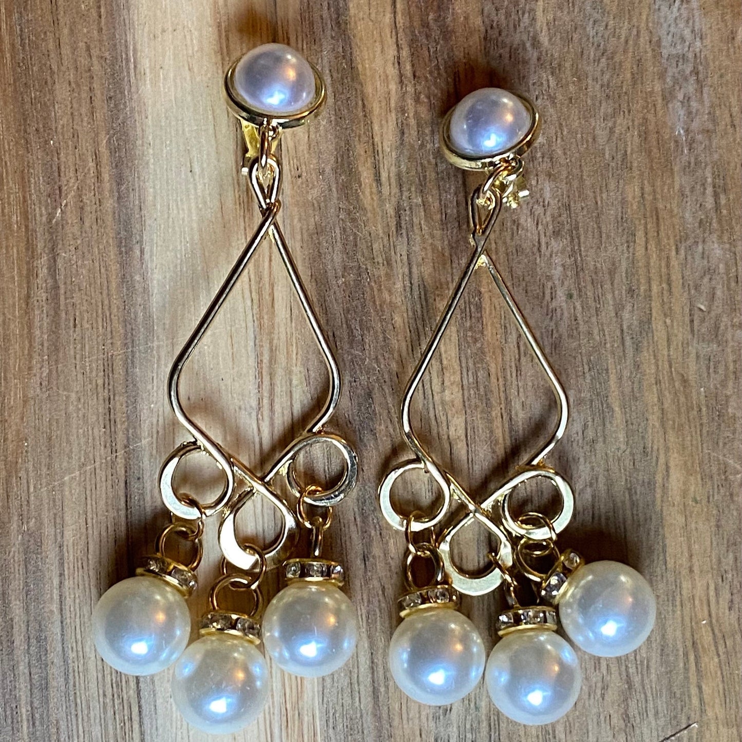 Dangling faux pearl clip on earrings, large clip on earrings